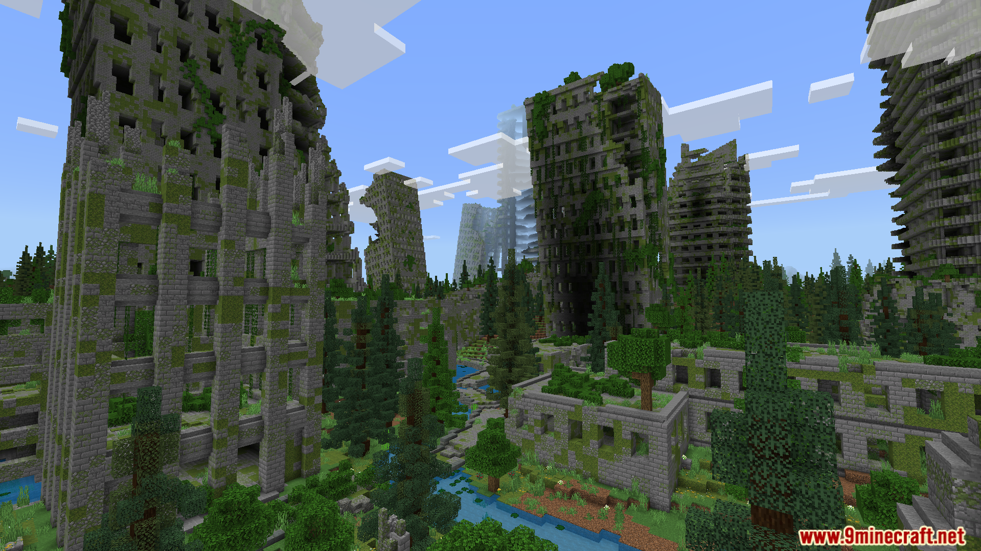 Explore a ruined city on a custom island with abandoned buildings