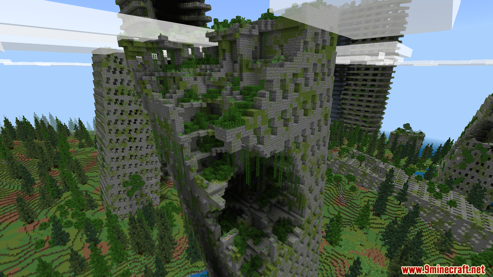 Explore a ruined city with many overgrown and abandoned buildings