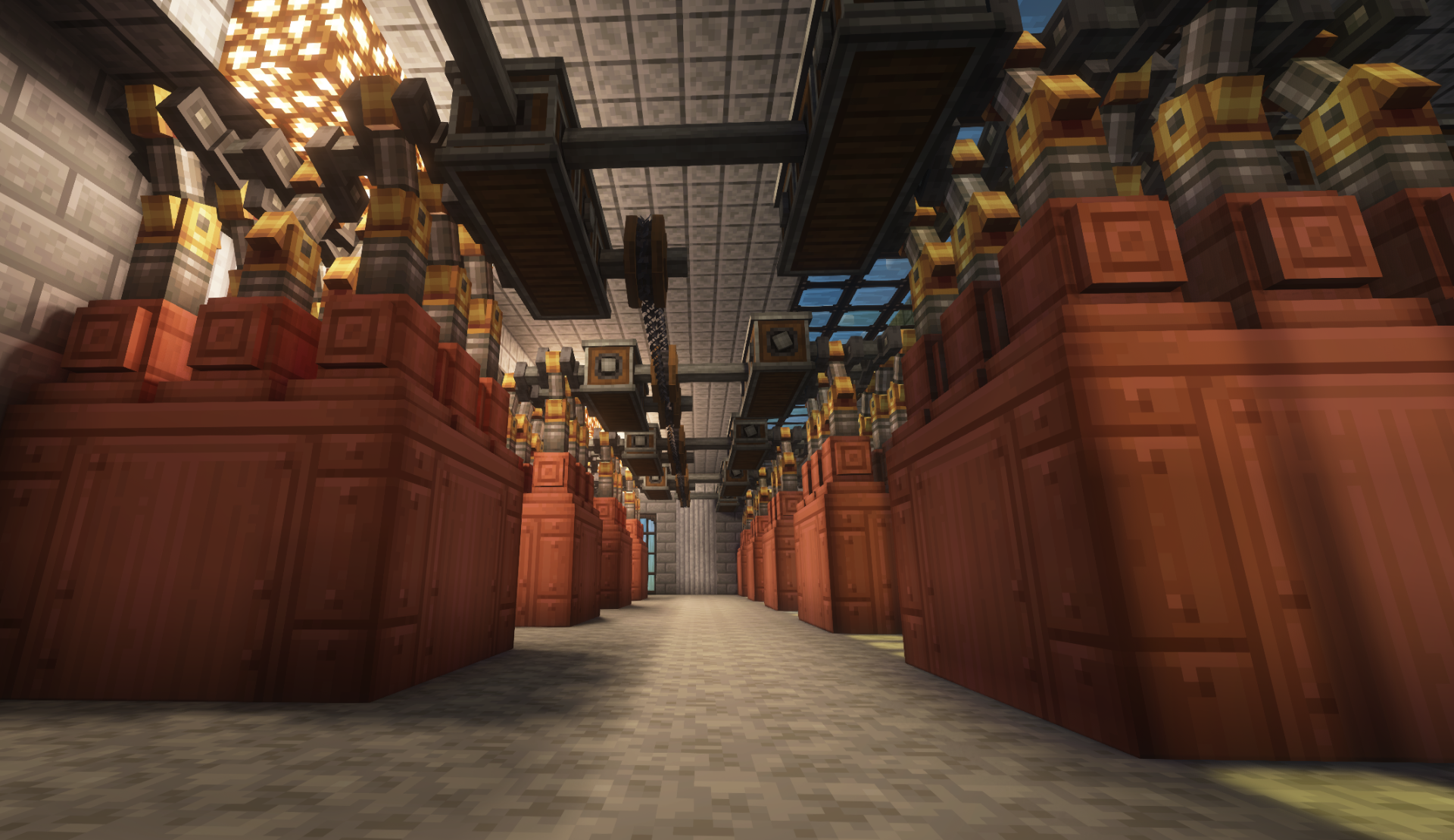 A massive industrial powerplant hallway features