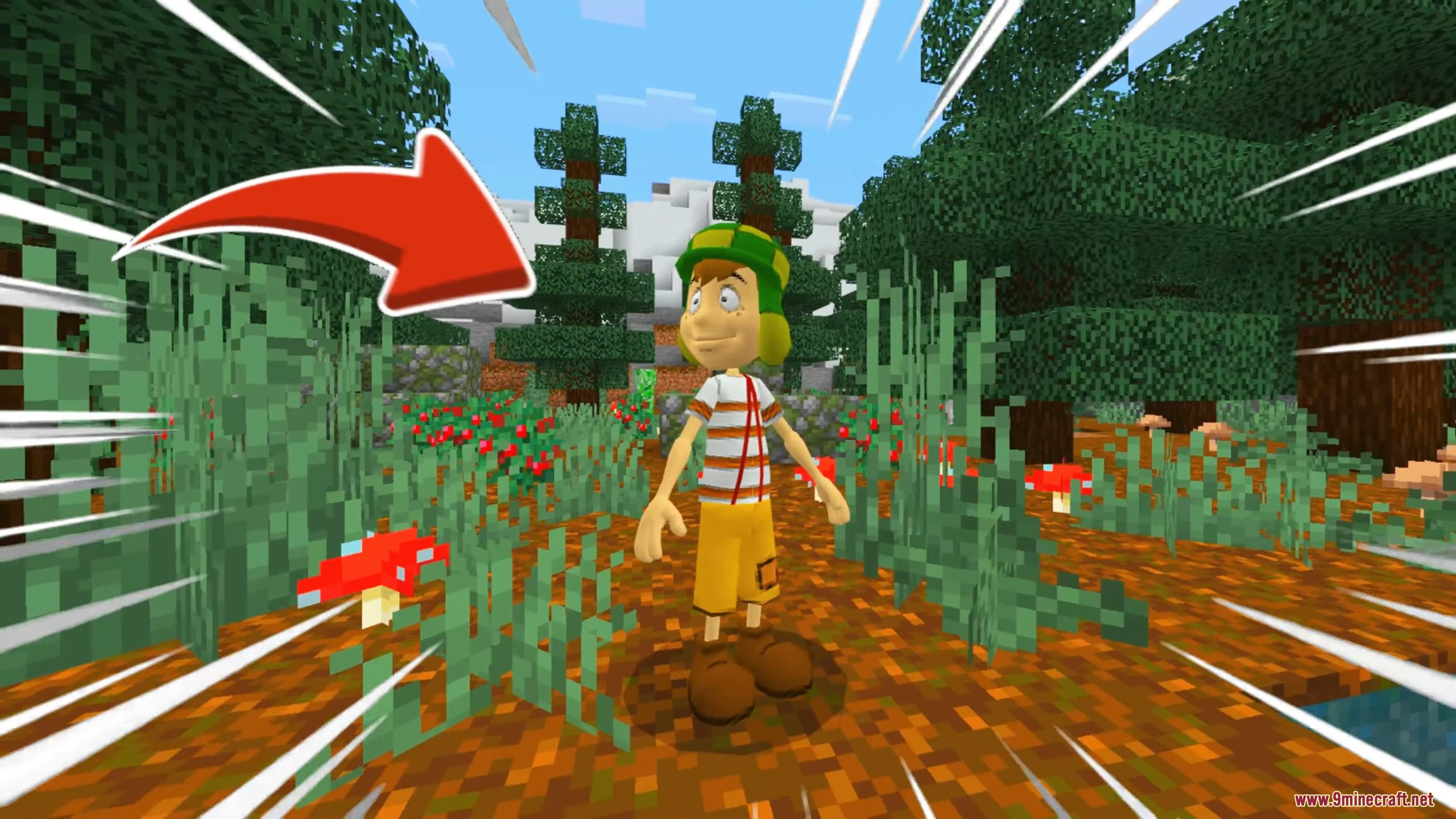 An animated community character skin standing in a lush Minecraft forest biome