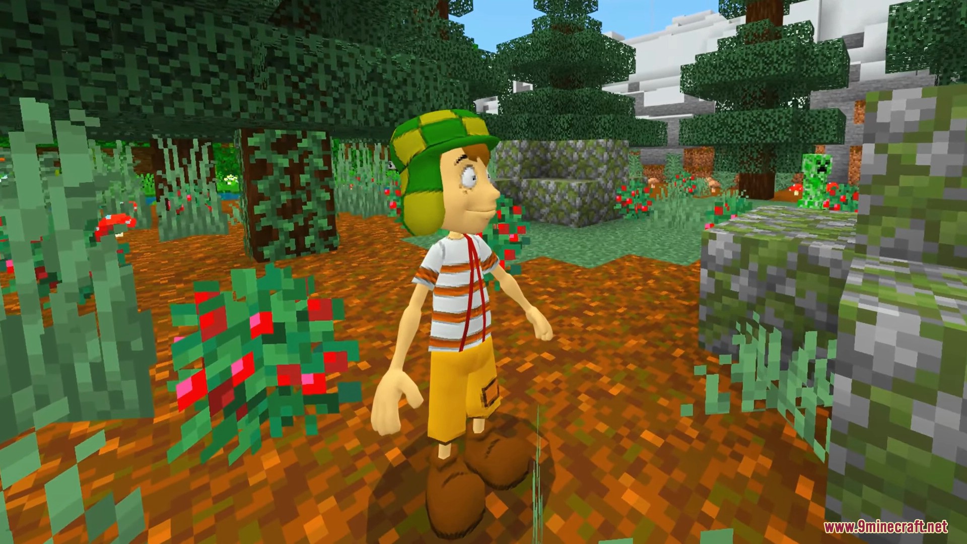 An animated character with unique custom geometry stands in a Minecraft forest