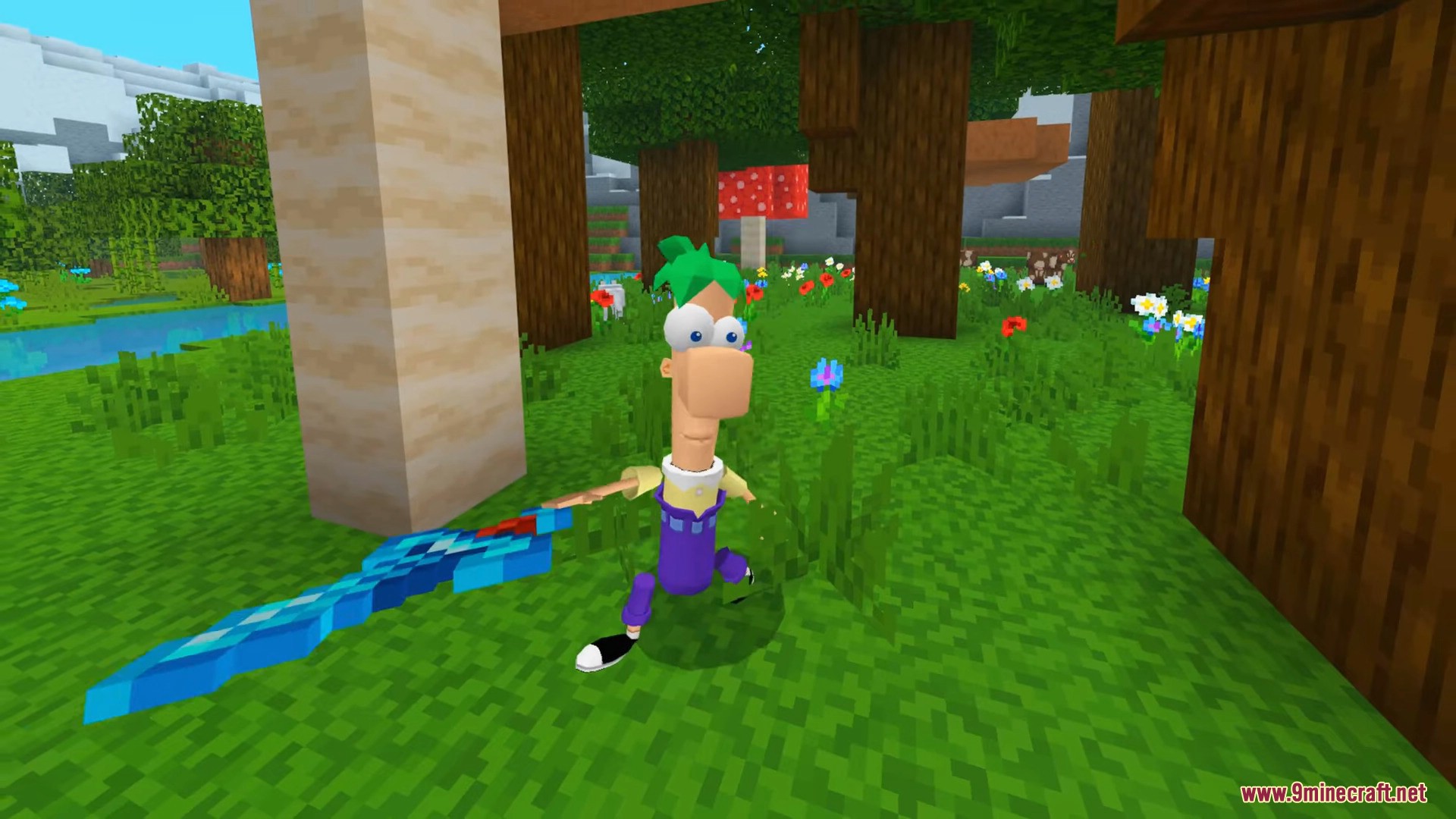 A Ferb character model with green hair holding a diamond sword