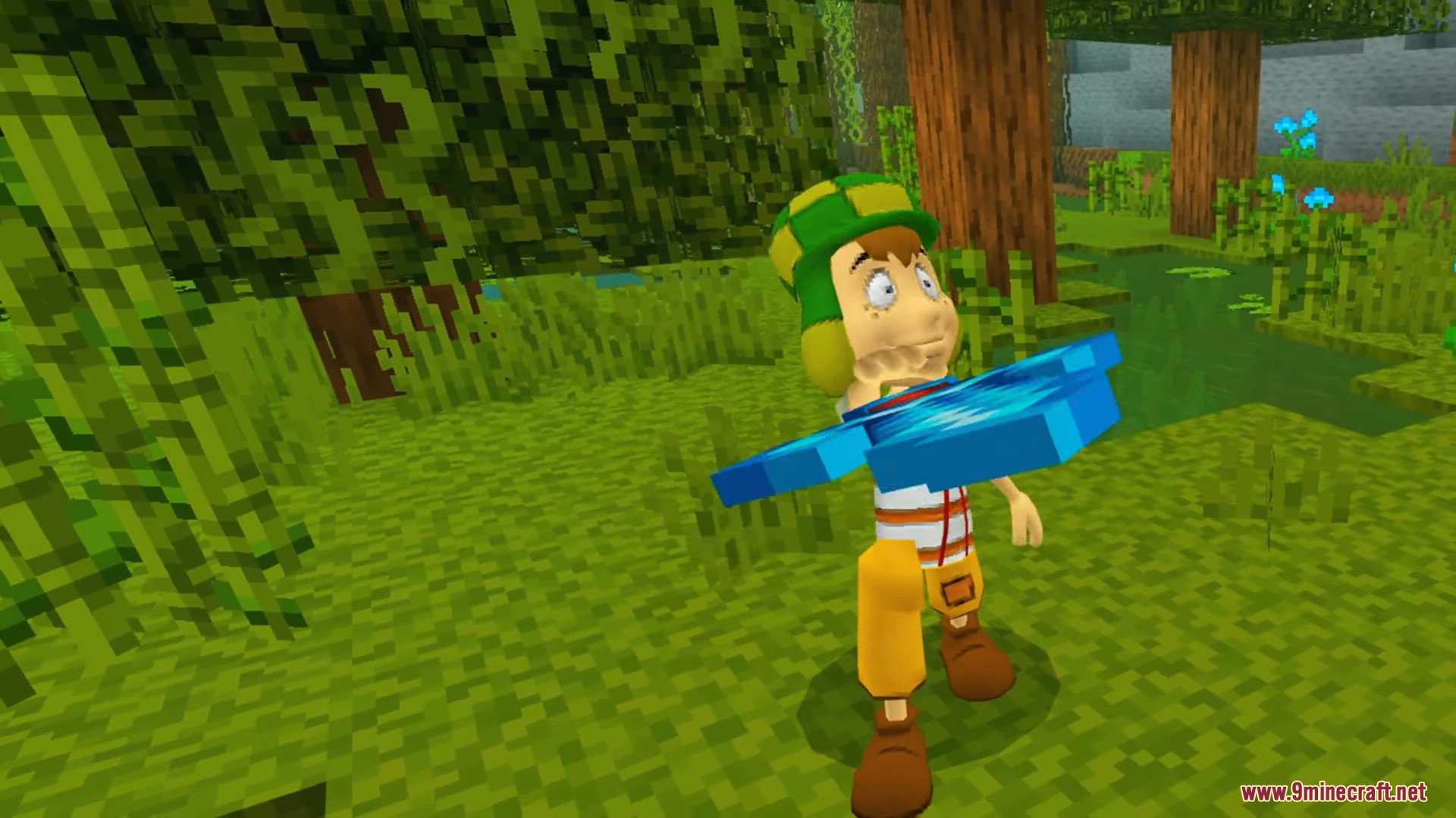 An El Chavo character model holding a diamond tool in the forest