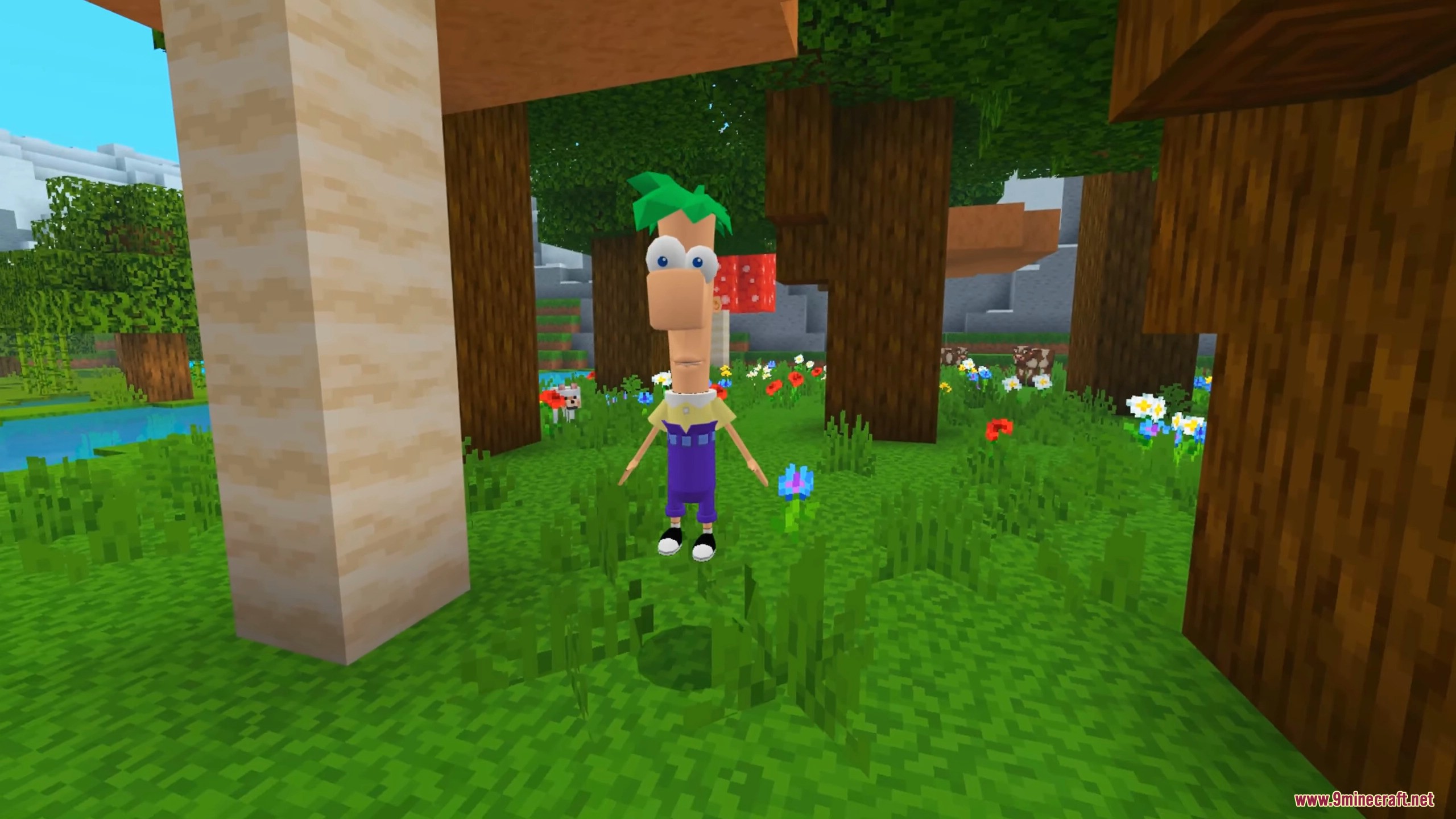 A custom animated character with green hair standing in a Minecraft forest