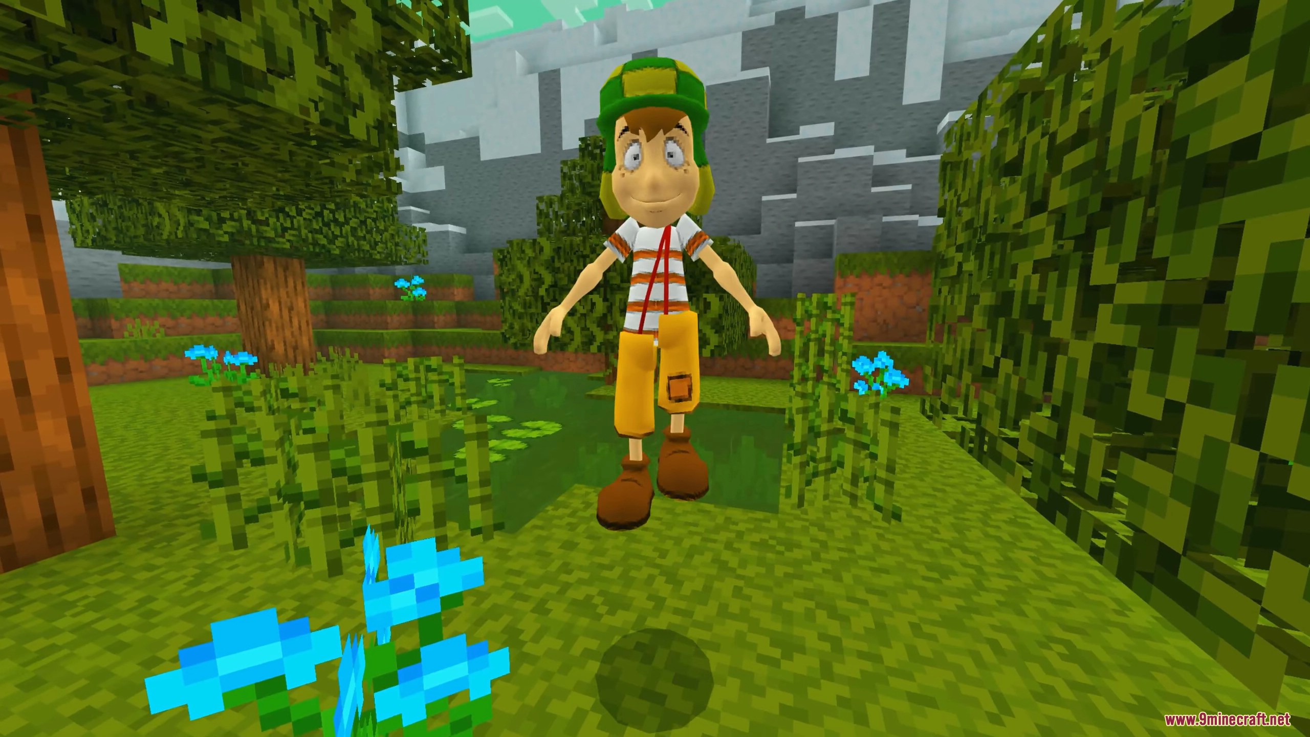 A custom animated character wearing a green hat in a grassy Minecraft world