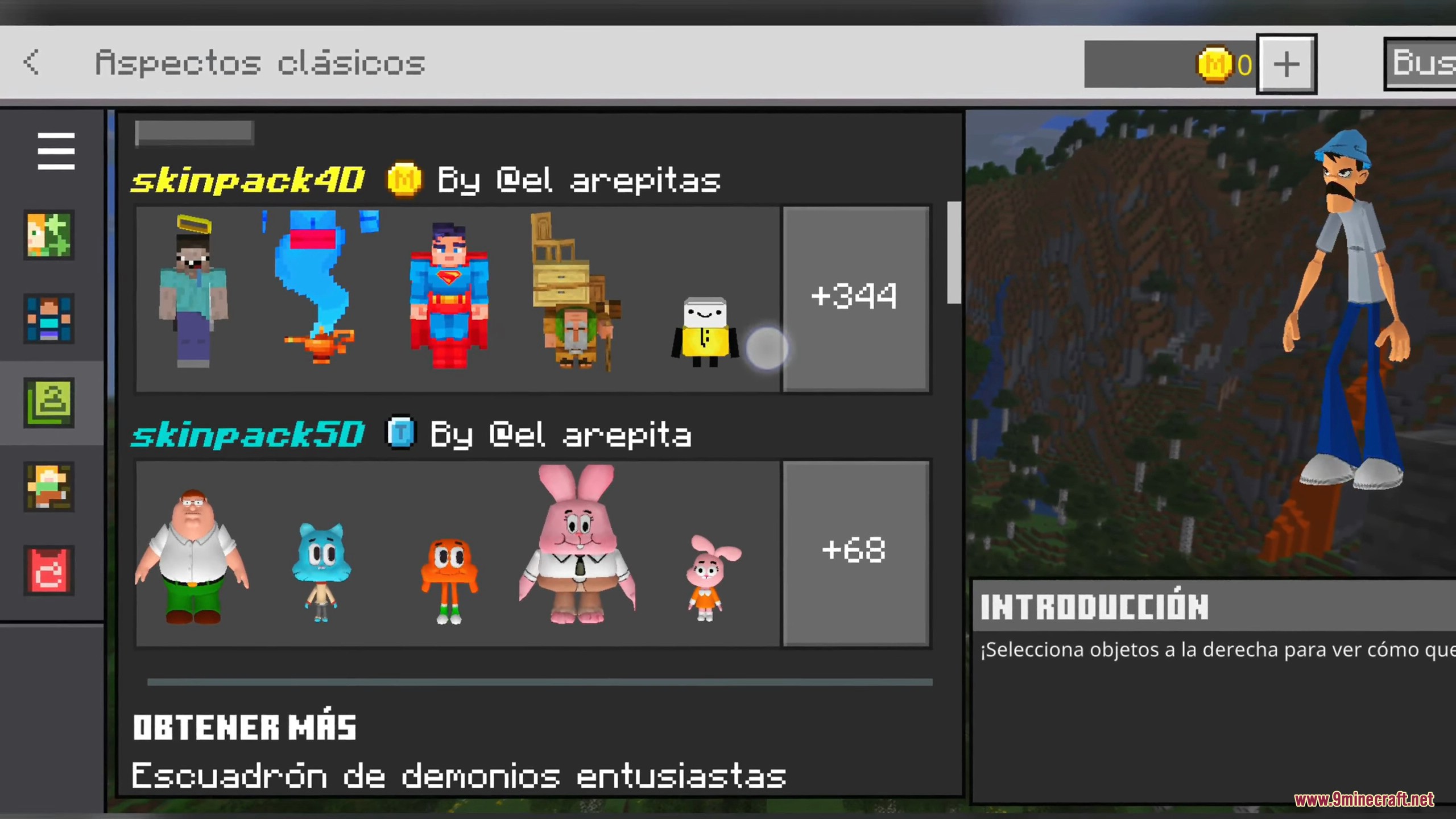 A skin selection menu shows many animated characters from various popular cartoons