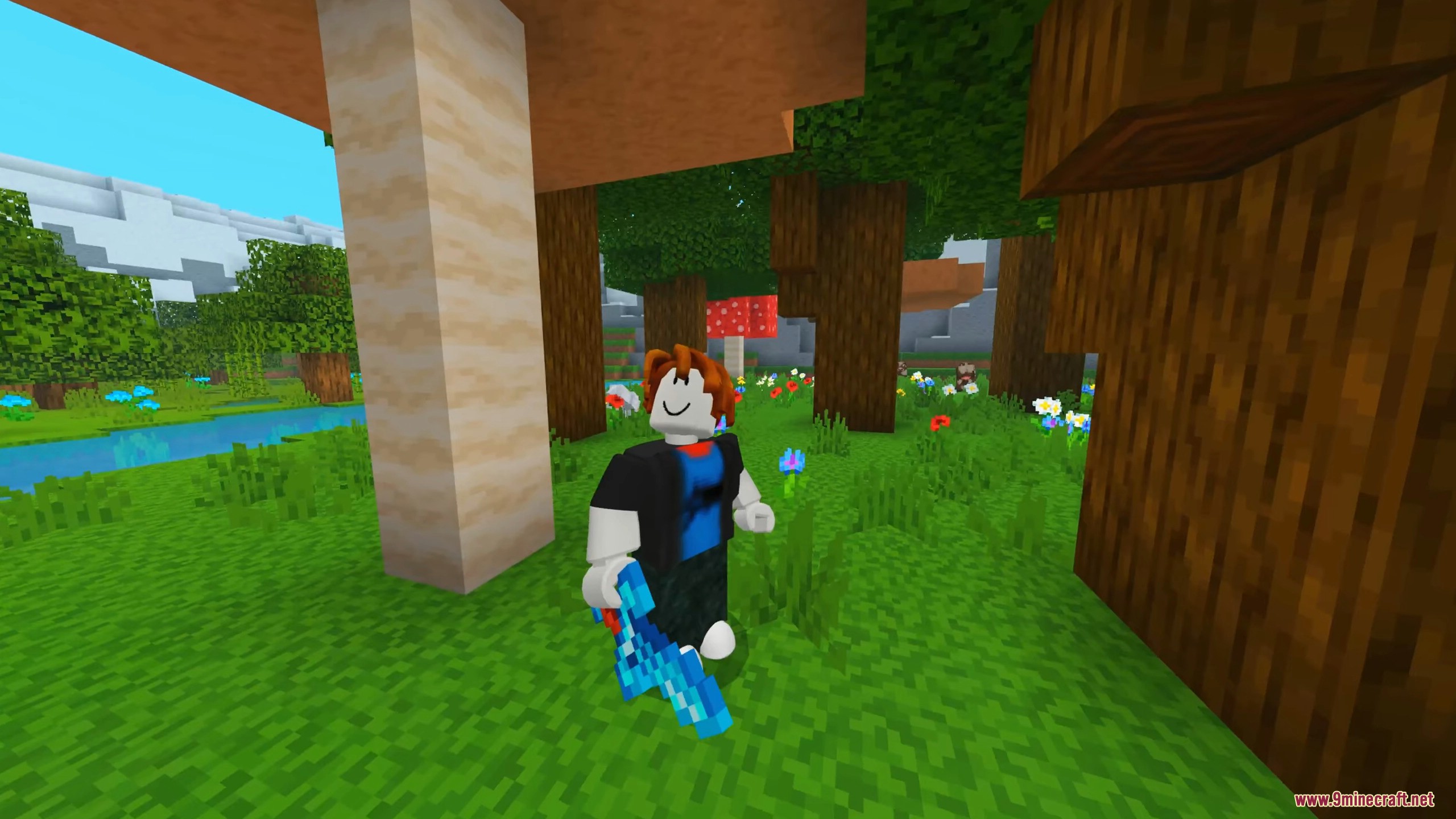 A player with a Roblox bacon hair skin stands in a Minecraft world