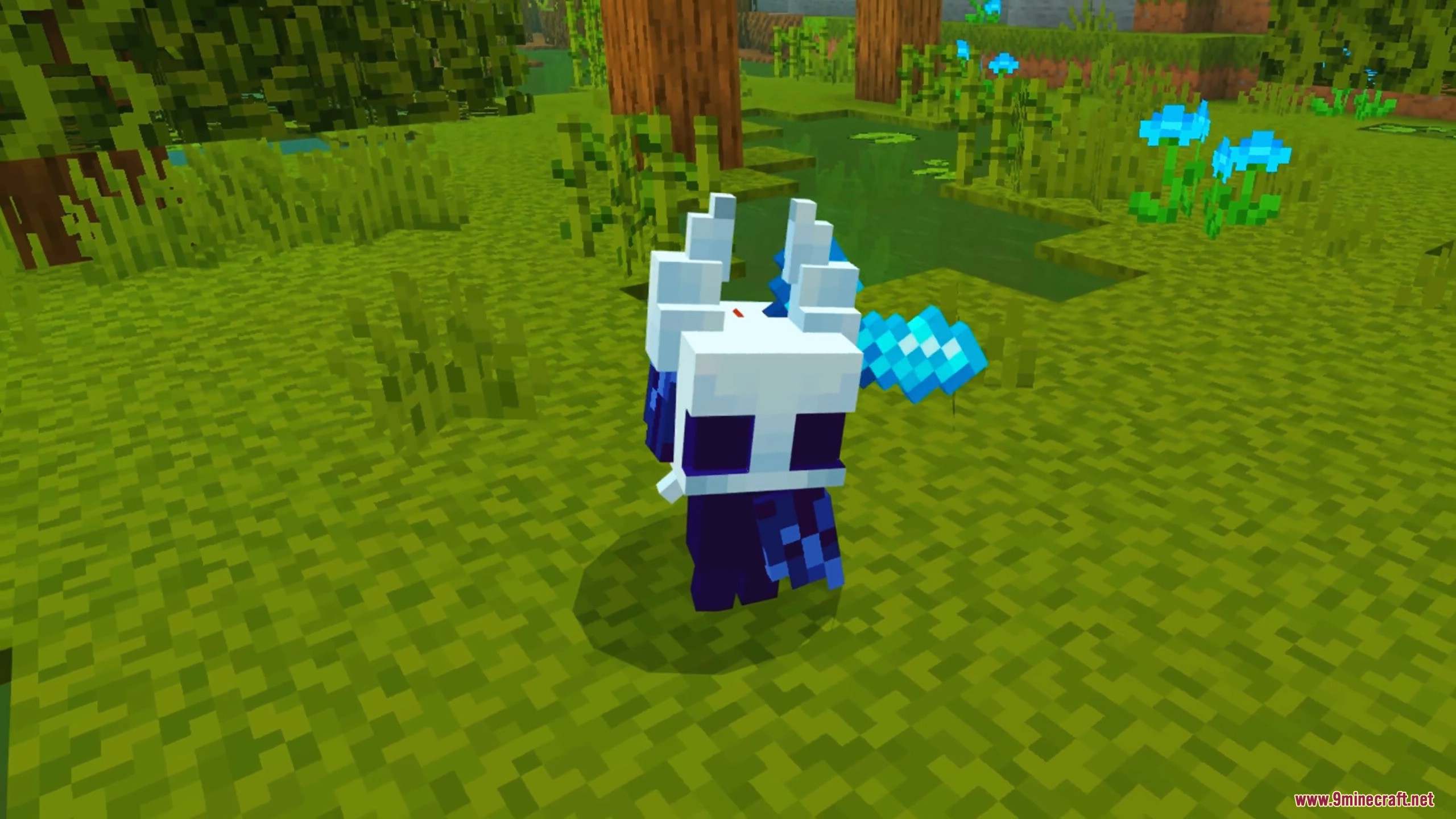 A custom fantasy character with horns holding a glowing blue crystal