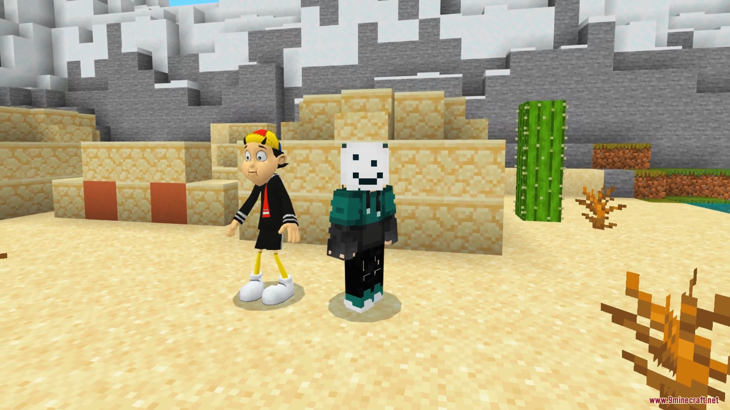 Two custom community character skins standing together in a sandy Minecraft biome