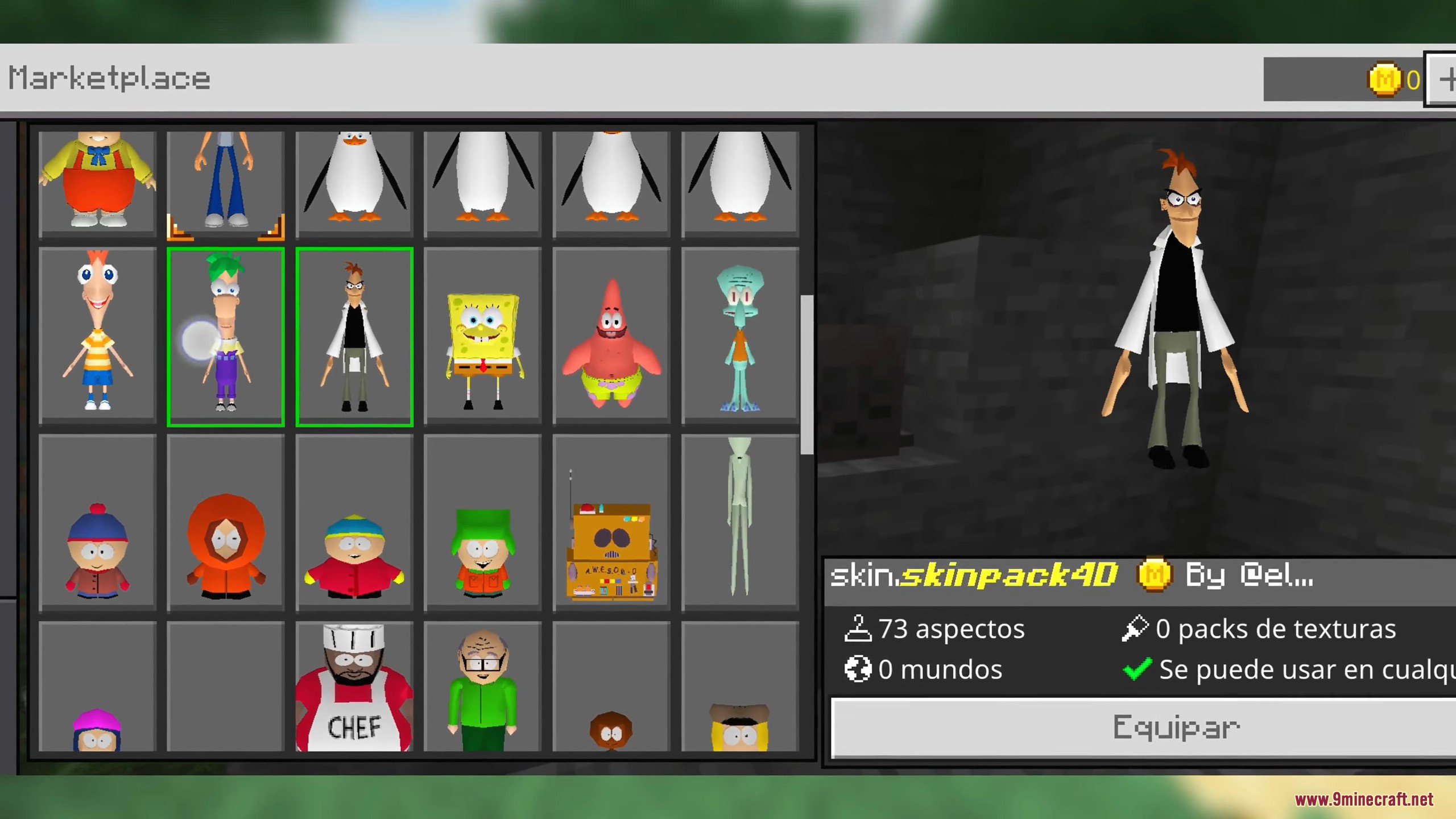 A skin pack selection screen showing various animated cartoon character models