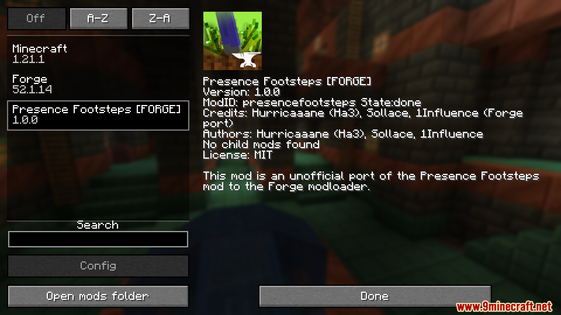 Presence Footsteps mod details in the Minecraft mods menu