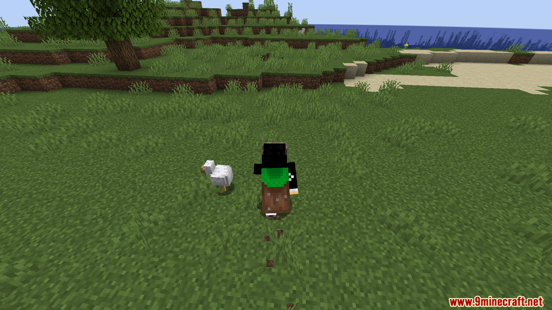 Player character with a backpack looking at a white chicken