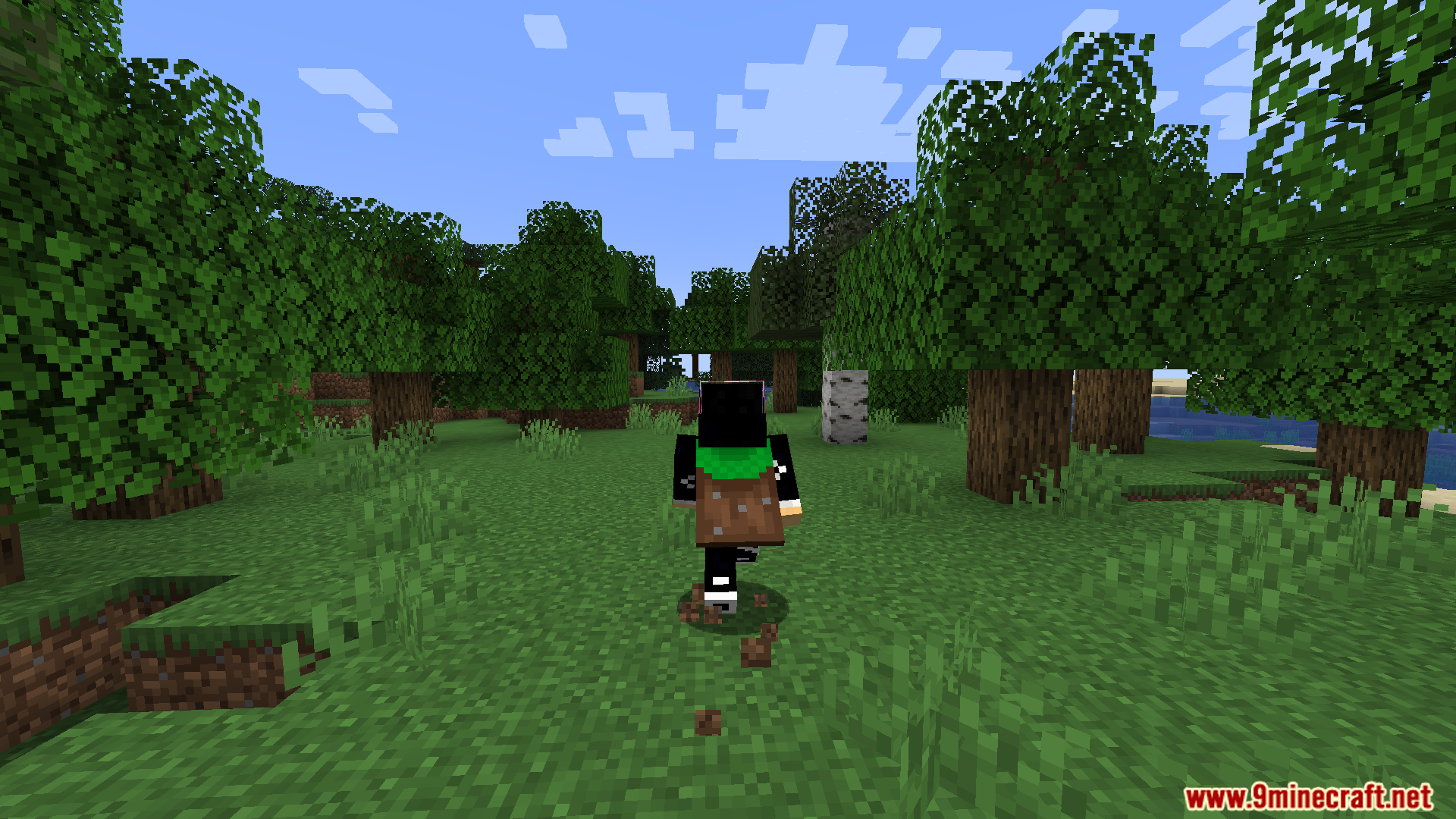 Player with a backpack walking through a forest