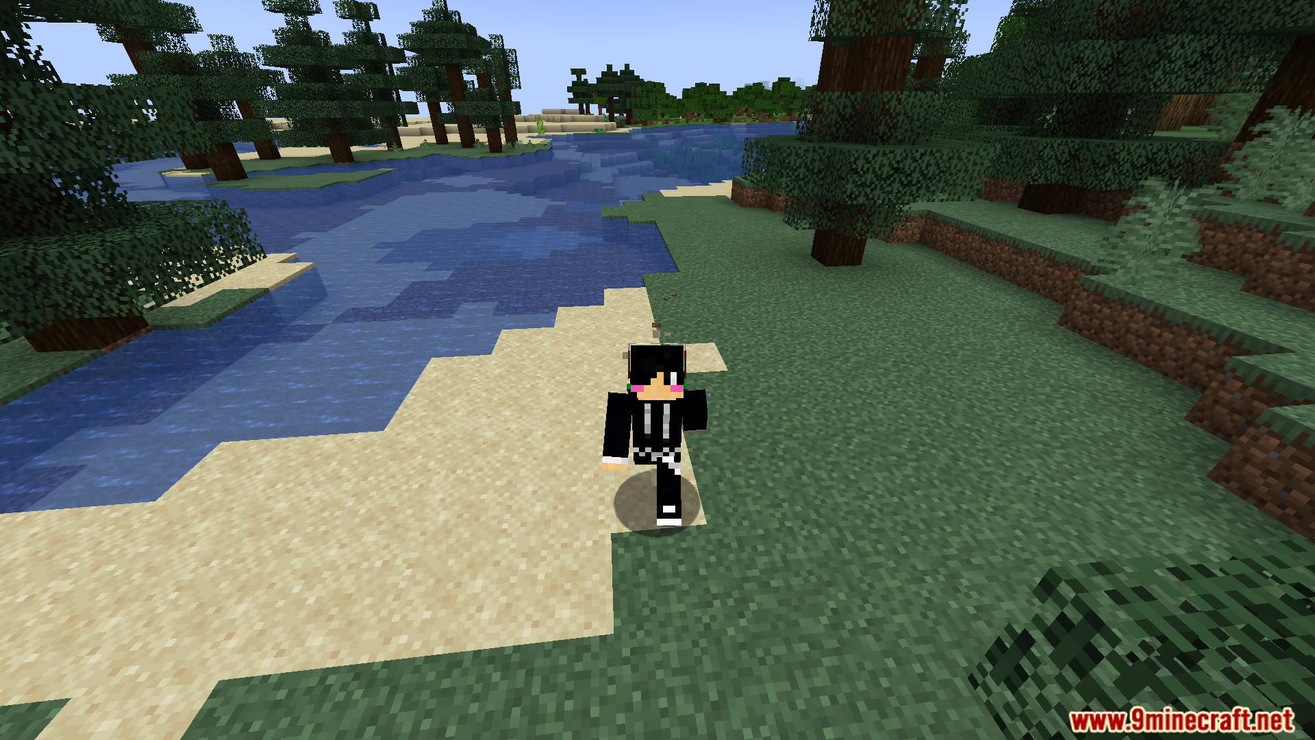 Player character standing on a sandy riverbank