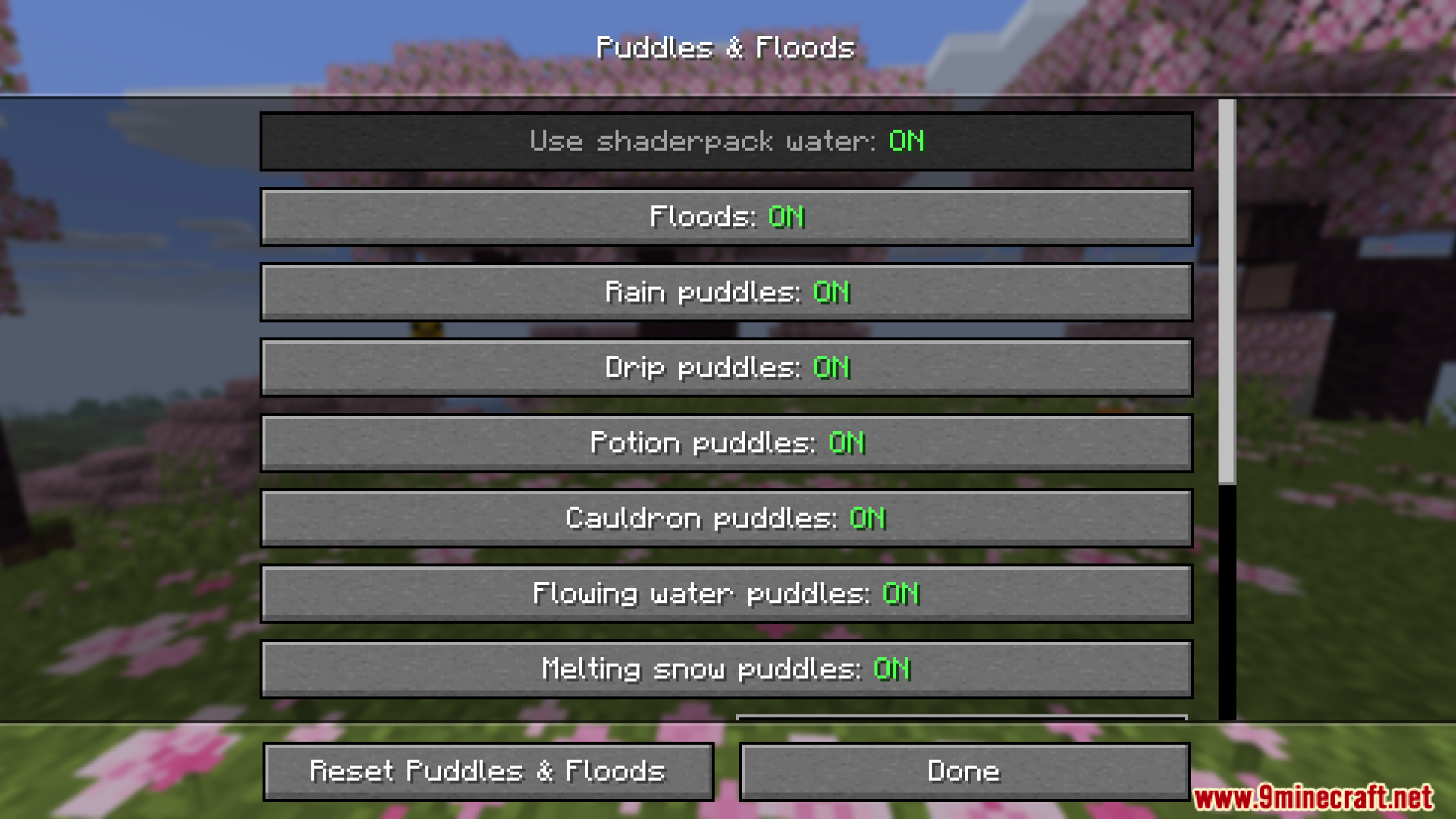 Puddles & Floods mod configuration menu with toggle options