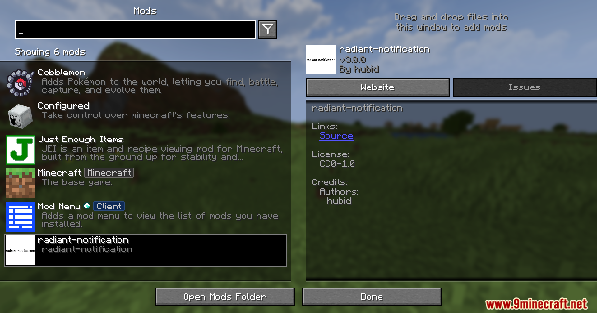 Radiant Notification Cobblemon Addon Mod Screenshot 1 Mod menu screen displaying the installed radiant notification addon in the list