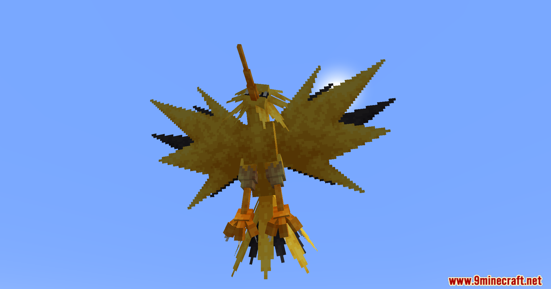 Radiant Notification Cobblemon Addon Mod Screenshot 10 A yellow legendary bird creature flying high up in the blue sky