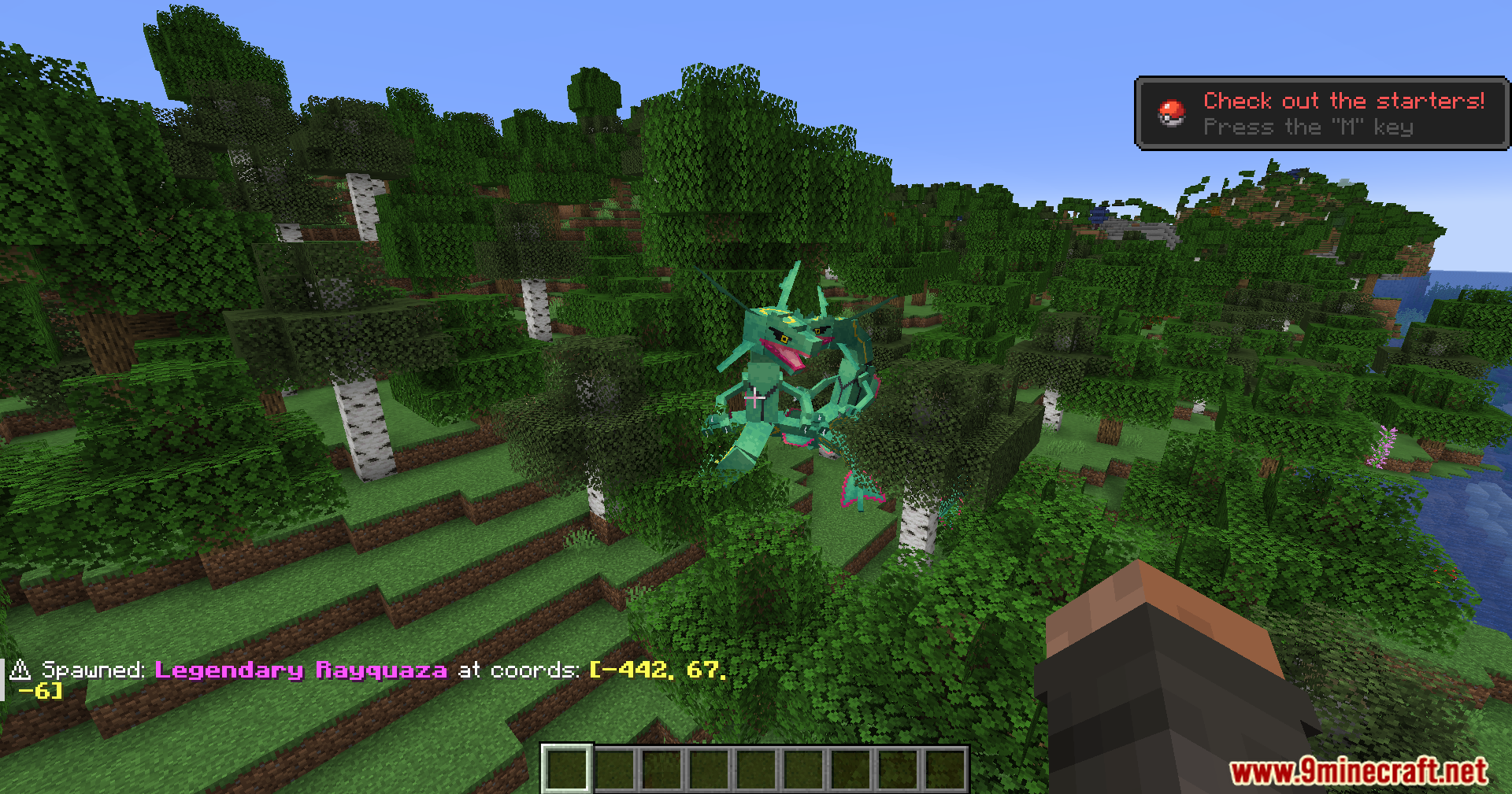 Radiant Notification Cobblemon Addon Mod Screenshot 2 Legendary Rayquaza spawning in a forest with a chat alert showing its coordinates