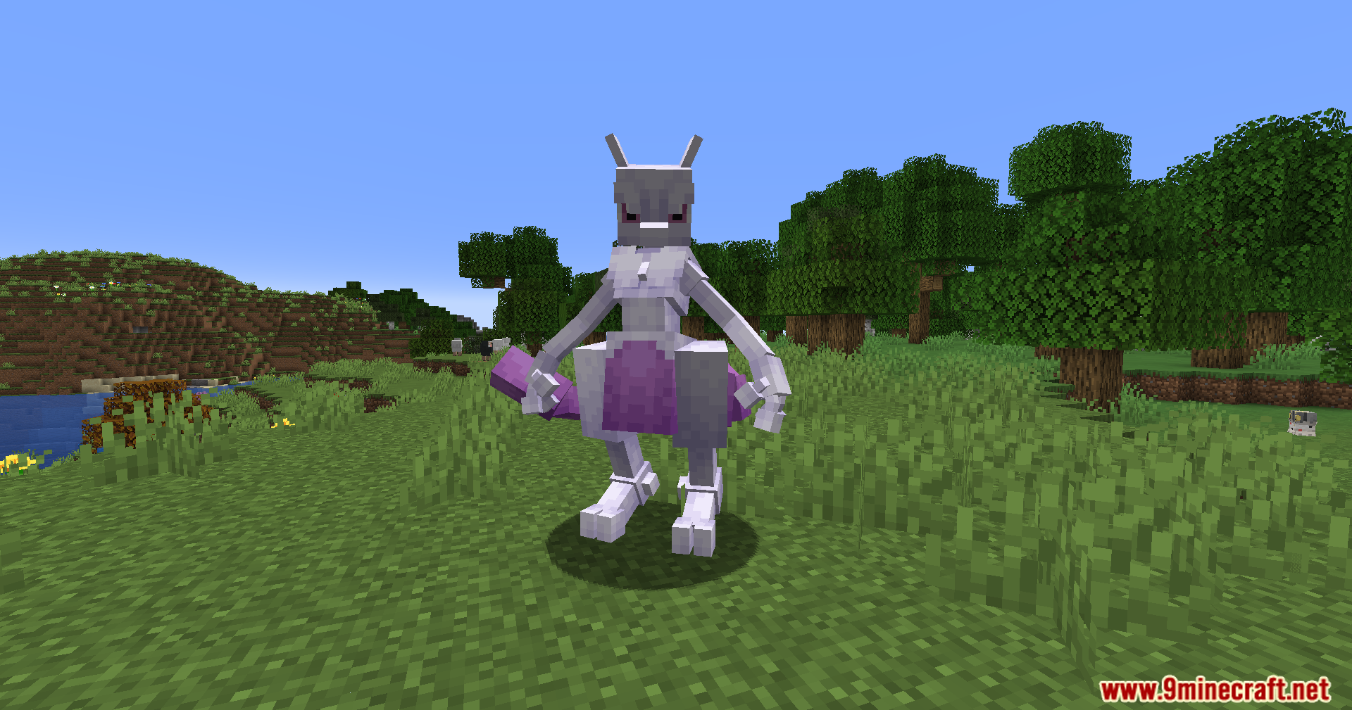 Radiant Notification Cobblemon Addon Mod Screenshot 6 Blocky legendary Mewtwo standing alone in a grassy field surrounded by trees
