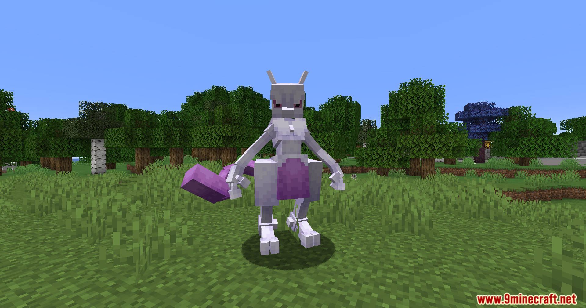 Radiant Notification Cobblemon Addon Mod Screenshot 7 Legendary Mewtwo character standing in a green forest environment in Minecraft