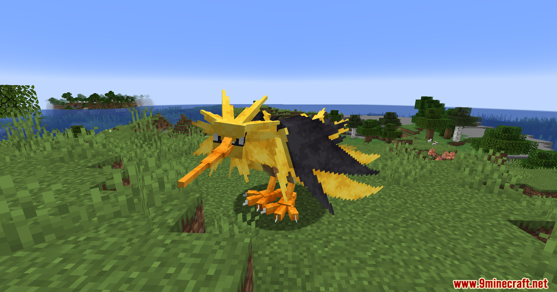 Radiant Notification Cobblemon Addon Mod Screenshot 8 Legendary Zapdos bird standing on a grassy field near the ocean