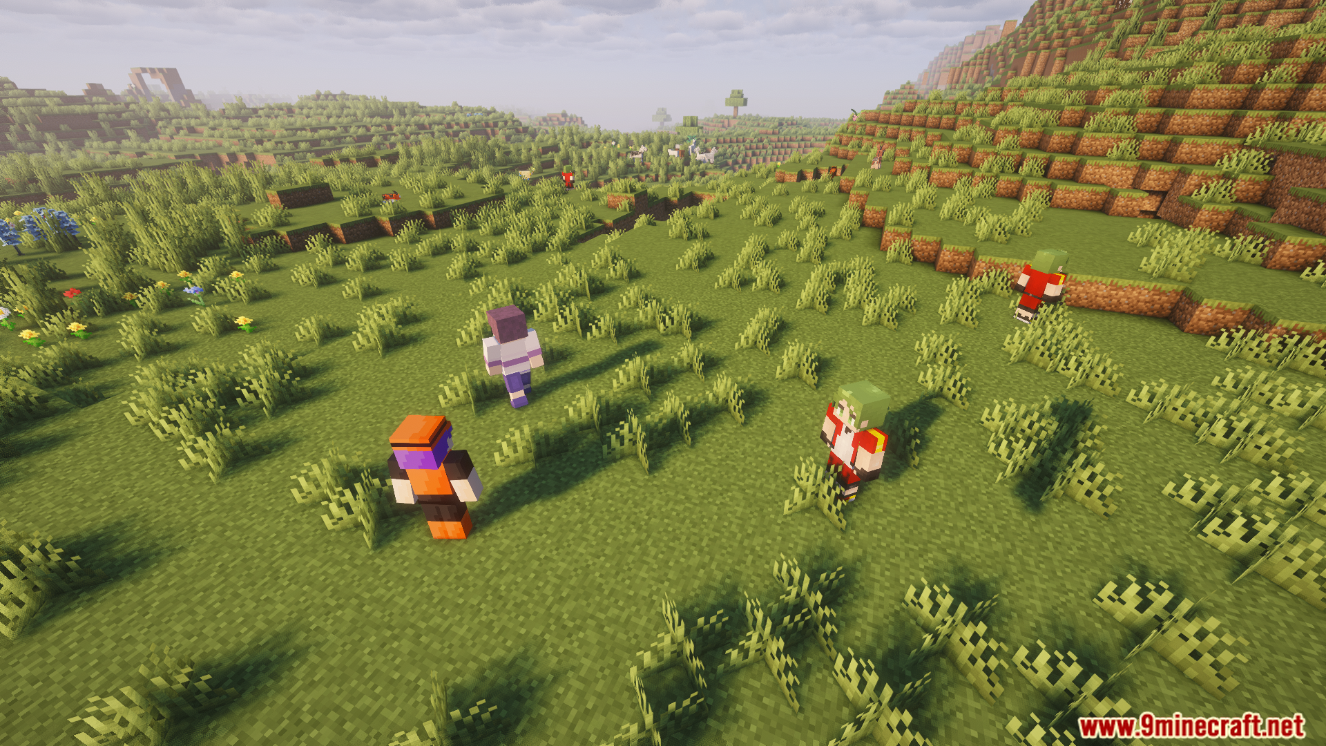 Various Cobblemon trainers spawning in a large plains biome