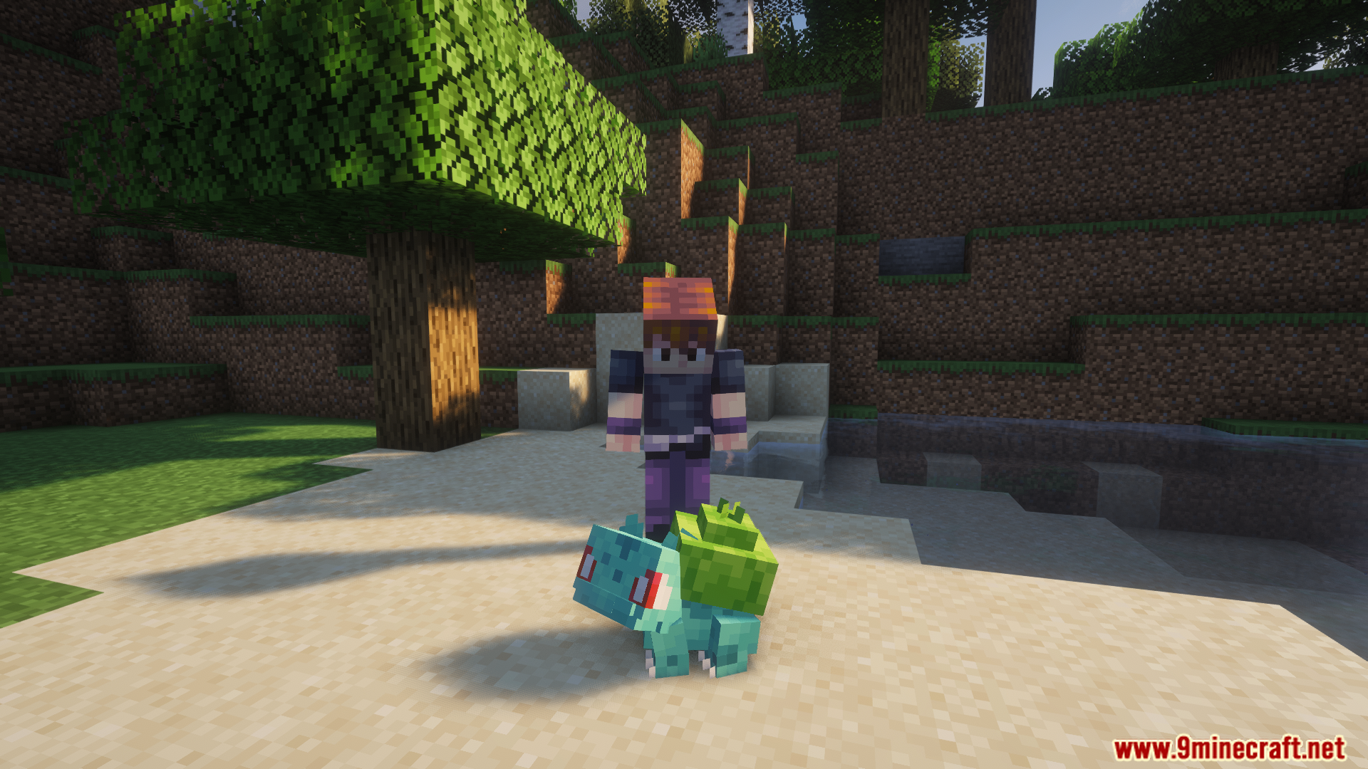 Player stands with two Bulbasaur on a beach