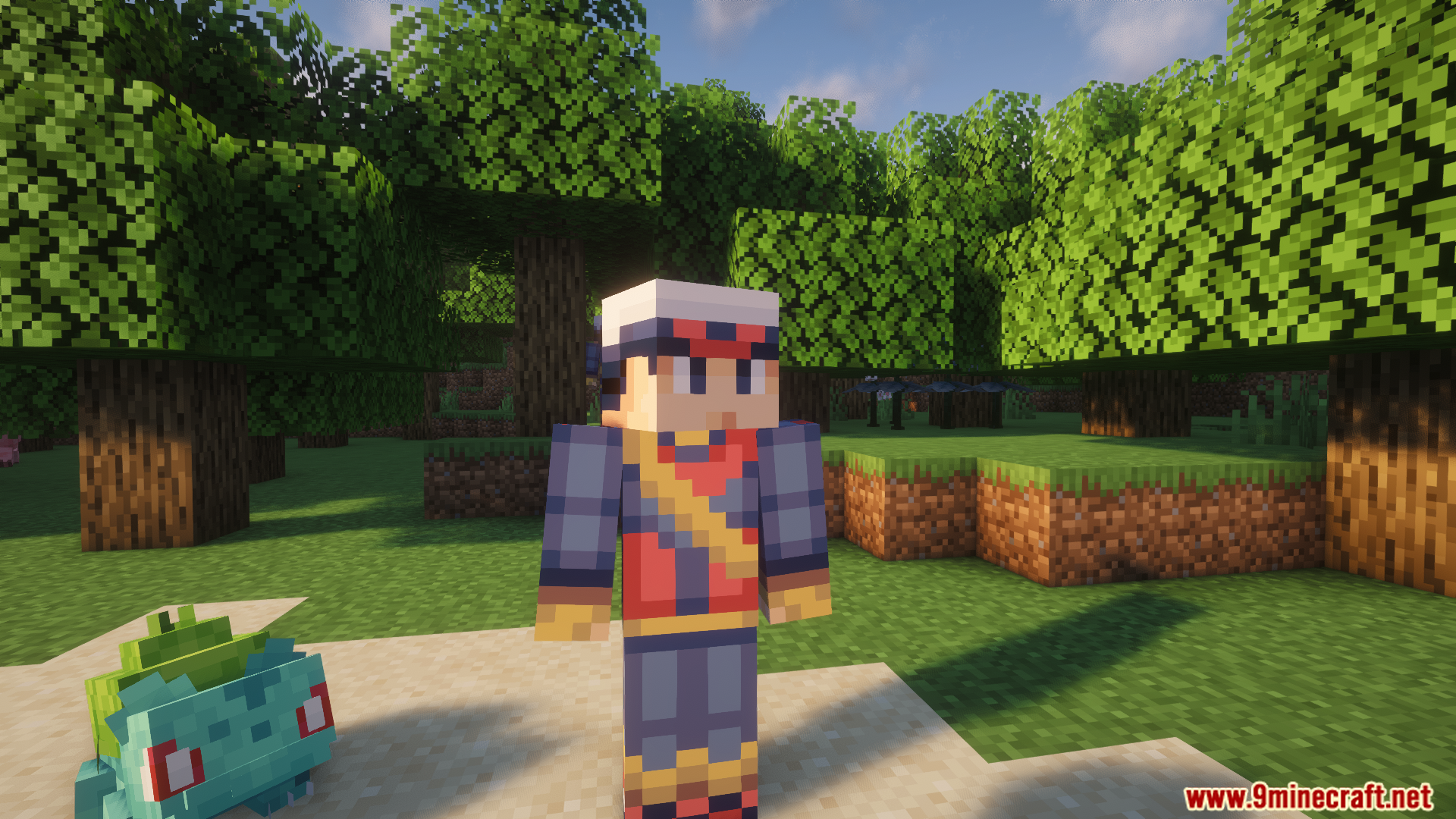 A player character dressed as Trainer Red