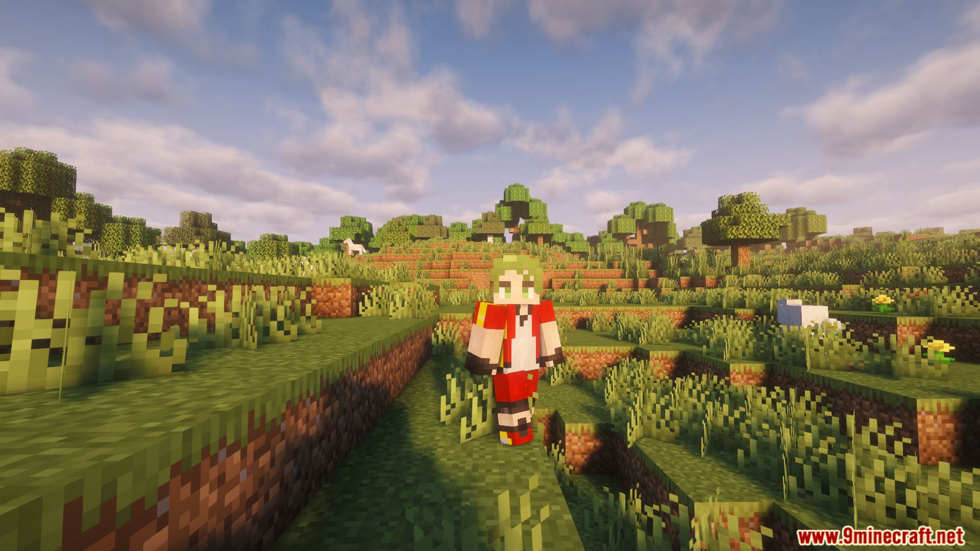 Trainer character with green hair in grassy plains