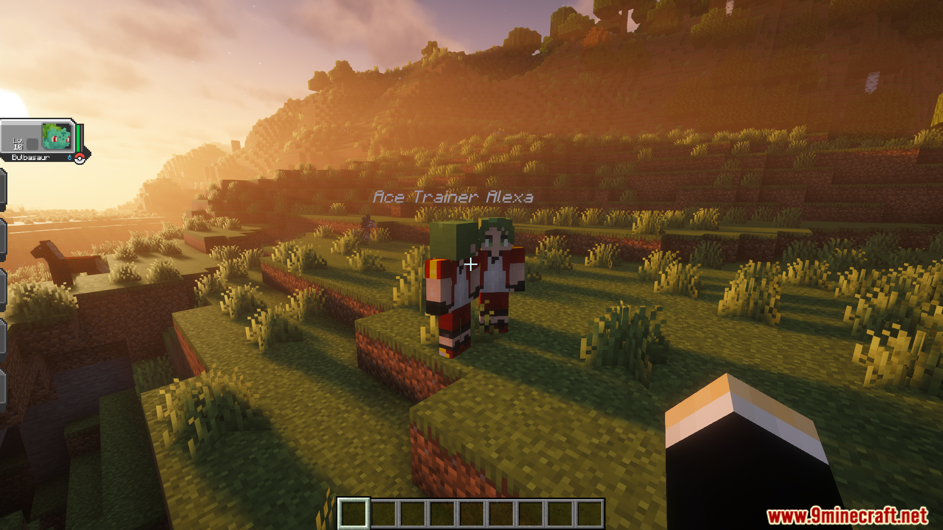 Player encounters Ace Trainer Alexa in a grassy biome at sunset