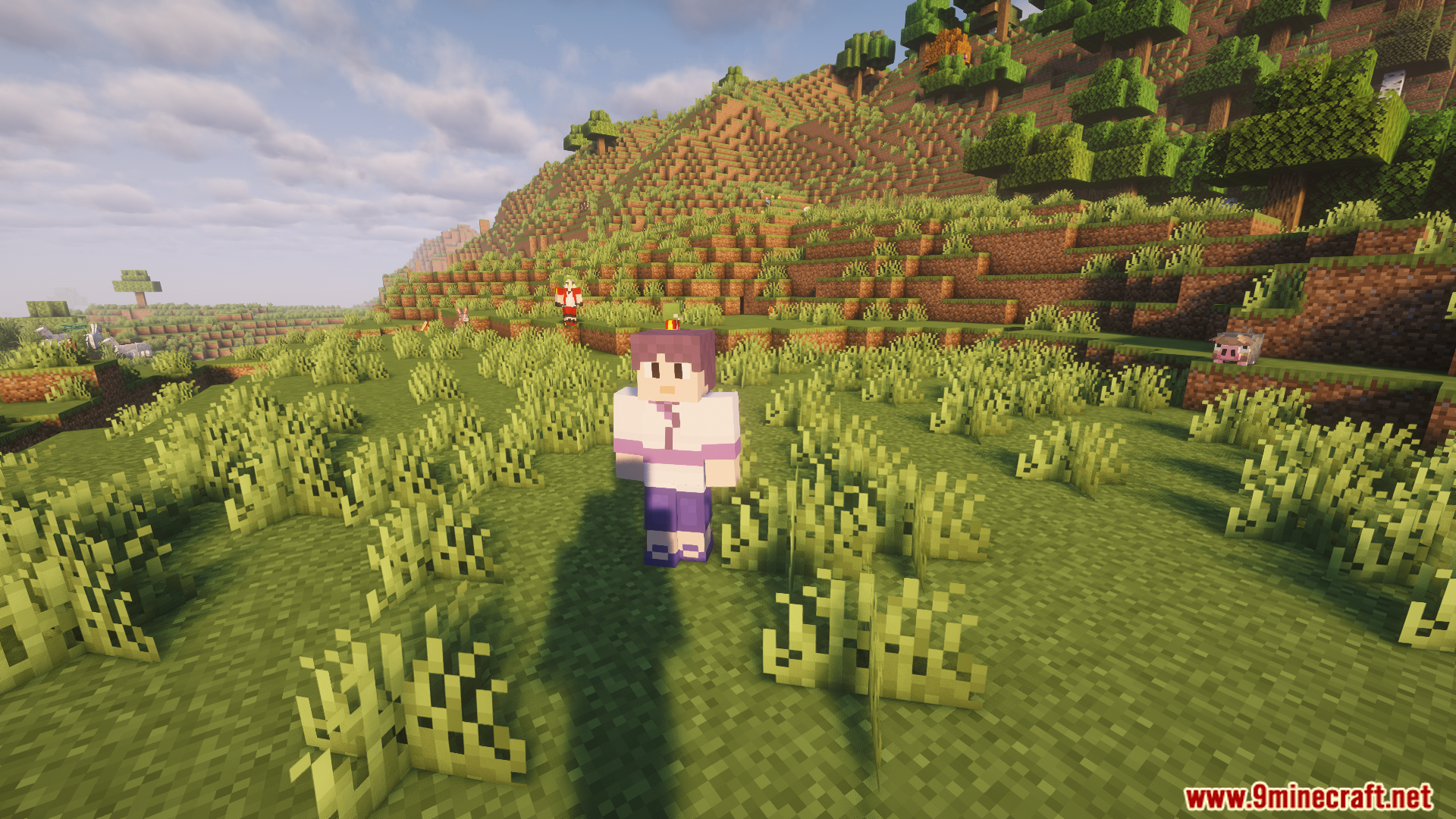 A purple-haired trainer stands in a field with a Wooloo