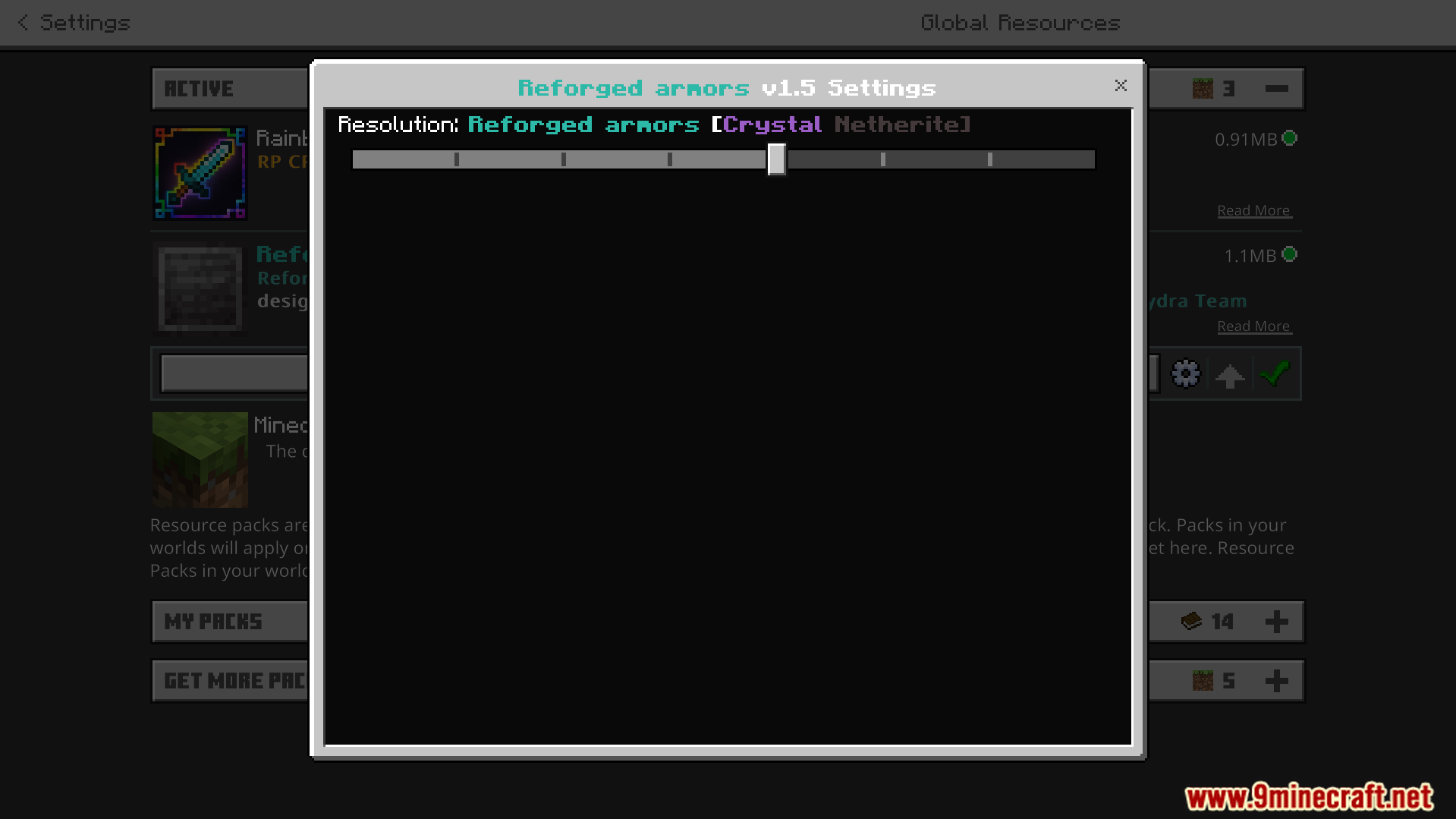 Adjusting the resolution settings slider for a specific armor texture pack