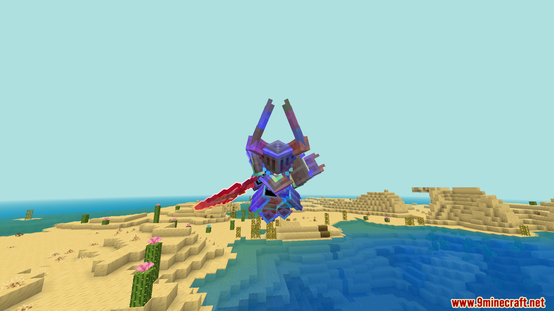 Player jumping in desert while wearing custom horned armor and holding red sword