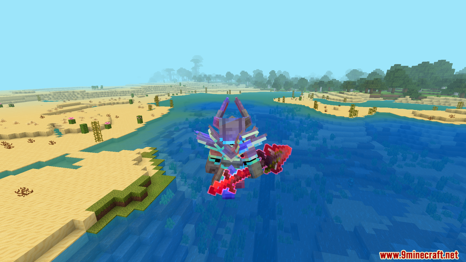 Player in custom purple armor with rainbow glint holding a red sword