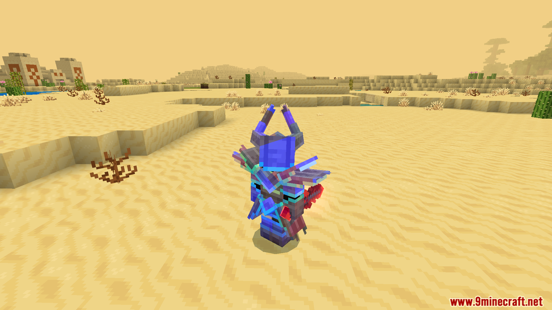 Player wearing custom purple armor with colorful glint standing in a desert
