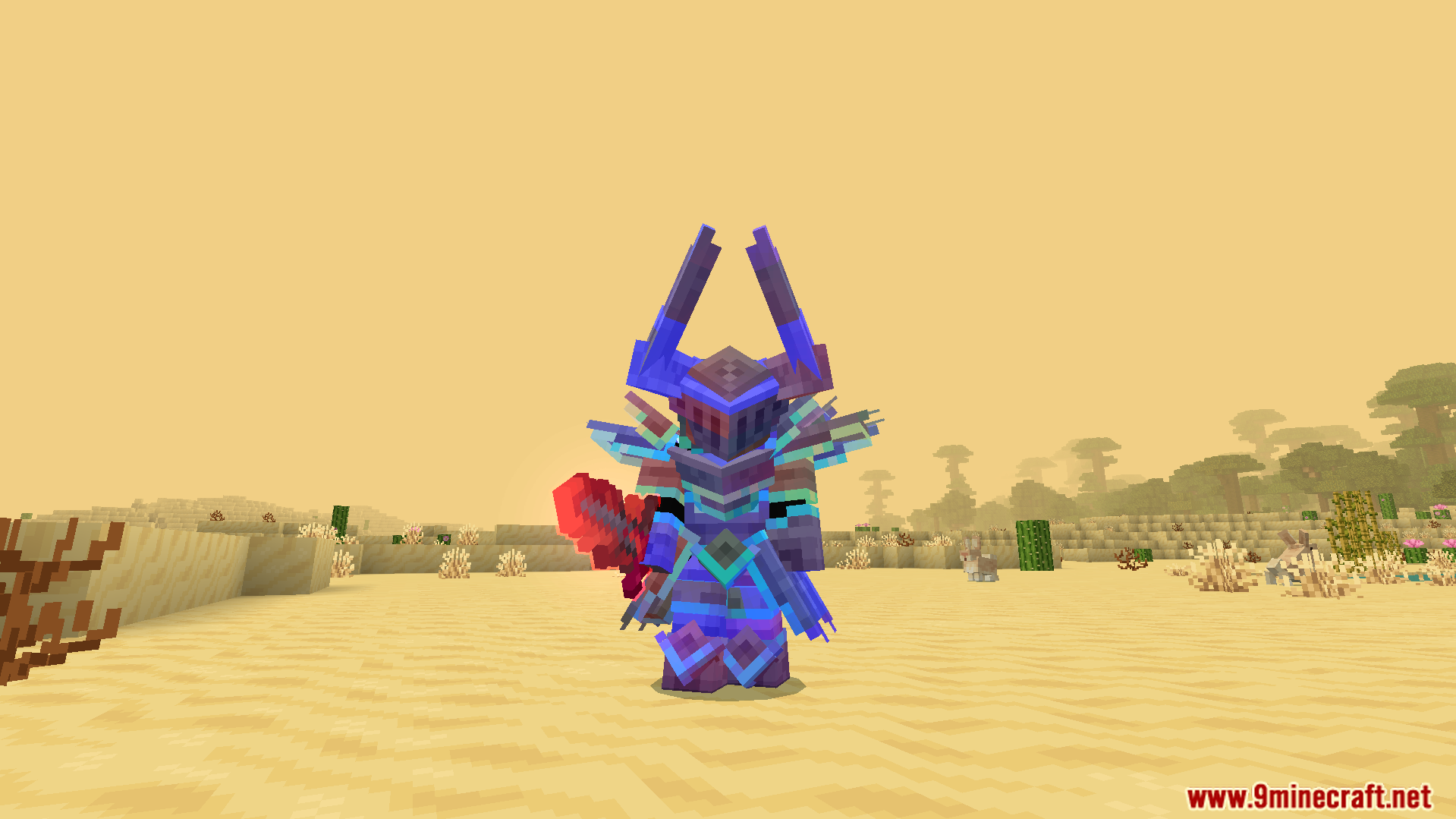 Player in desert wearing custom horned armor with a colorful glowing outline