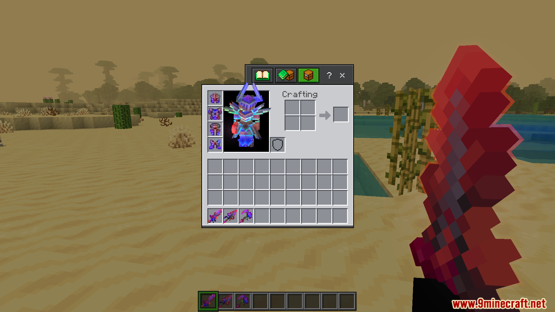 Open inventory screen showing custom armor and holding a glowing red sword