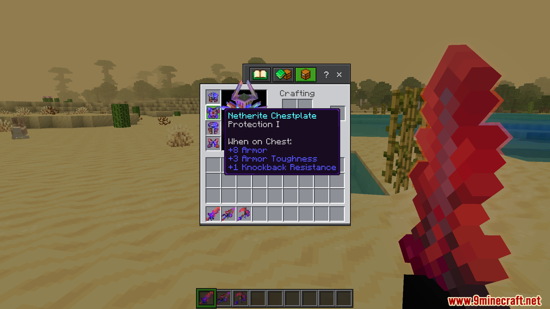 Viewing a Netherite Chestplate in inventory with a custom rainbow enchantment glint
