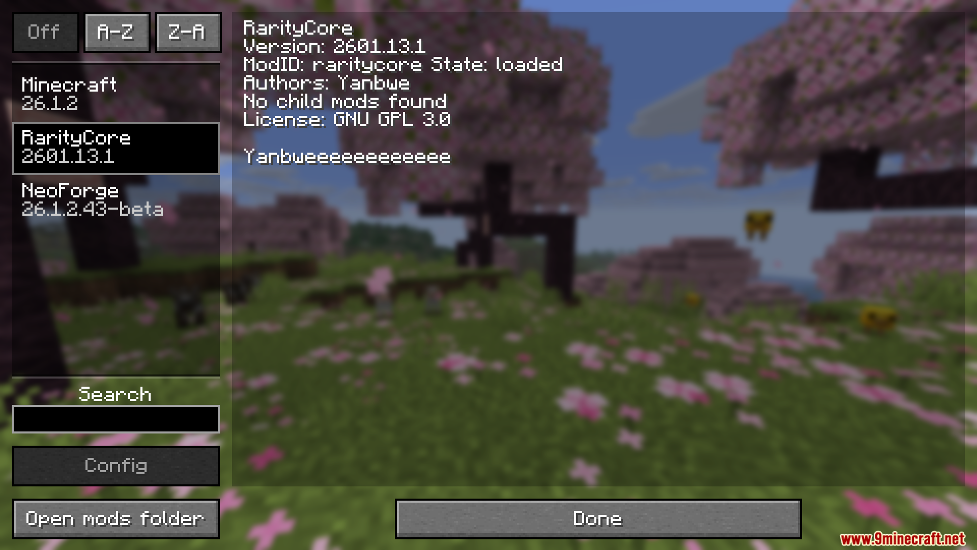 Mod list menu displaying the loaded status and details of RarityCore