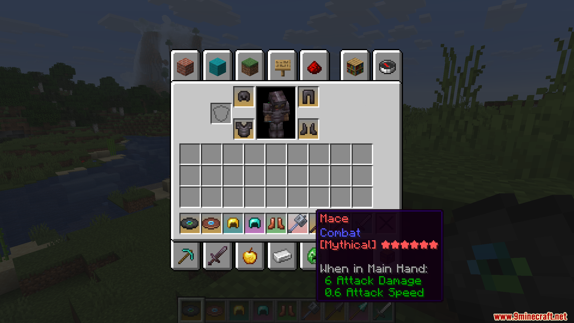 Viewing a mythical mace tooltip with custom colored background in the inventory