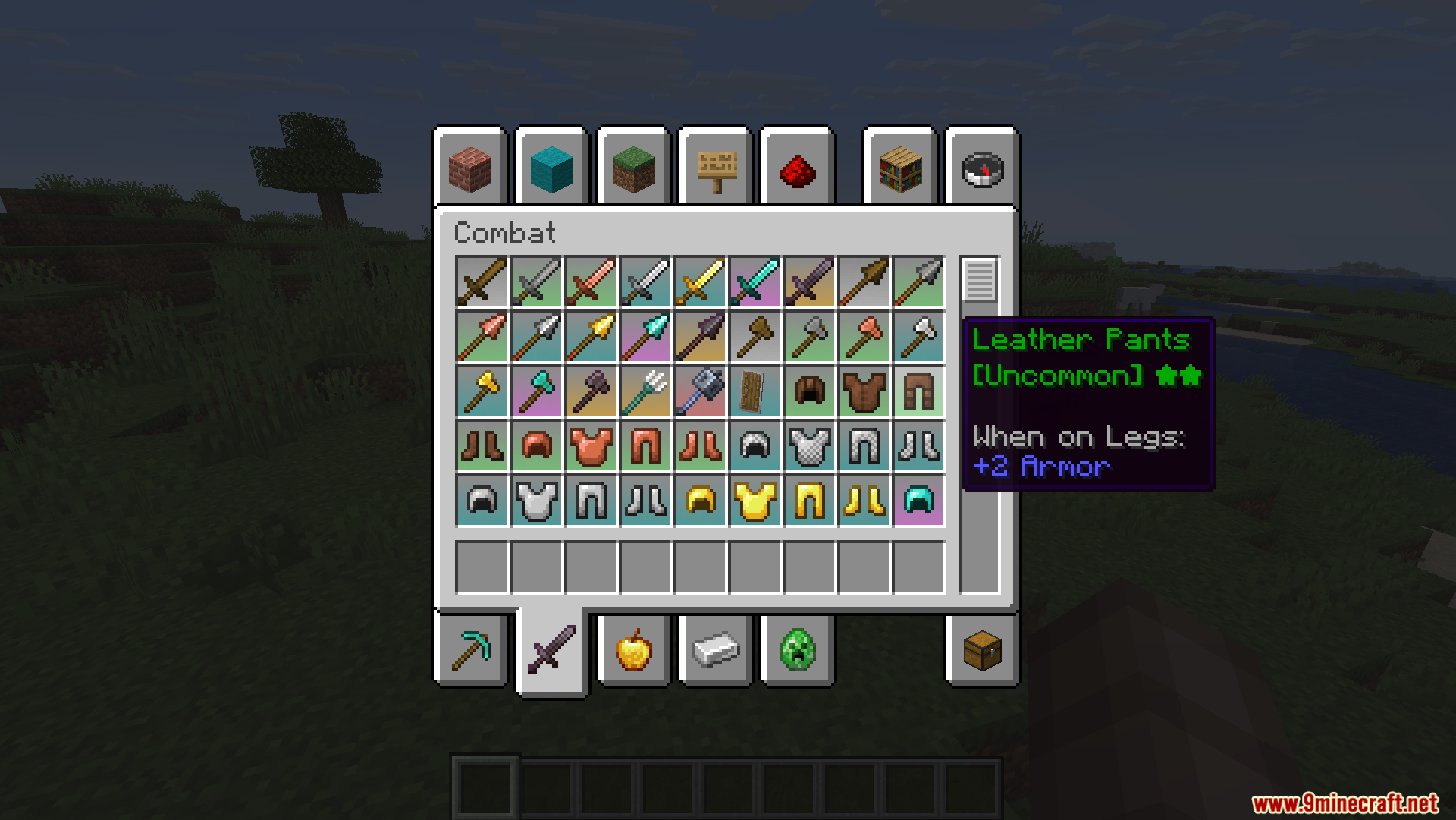 Player viewing leather pants in creative inventory with an uncommon rarity tooltip
