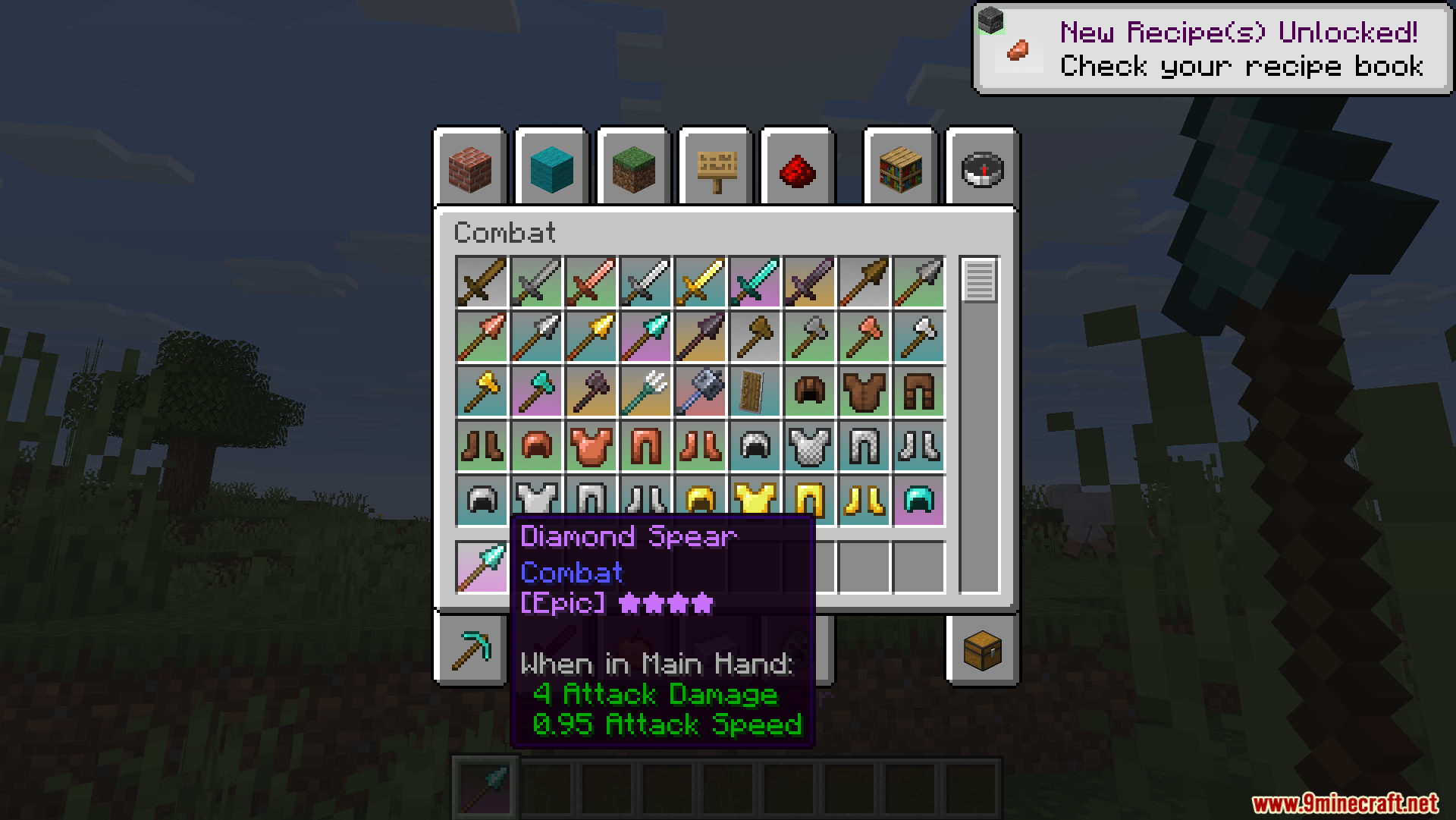 Viewing an epic rarity diamond spear in the creative inventory menu