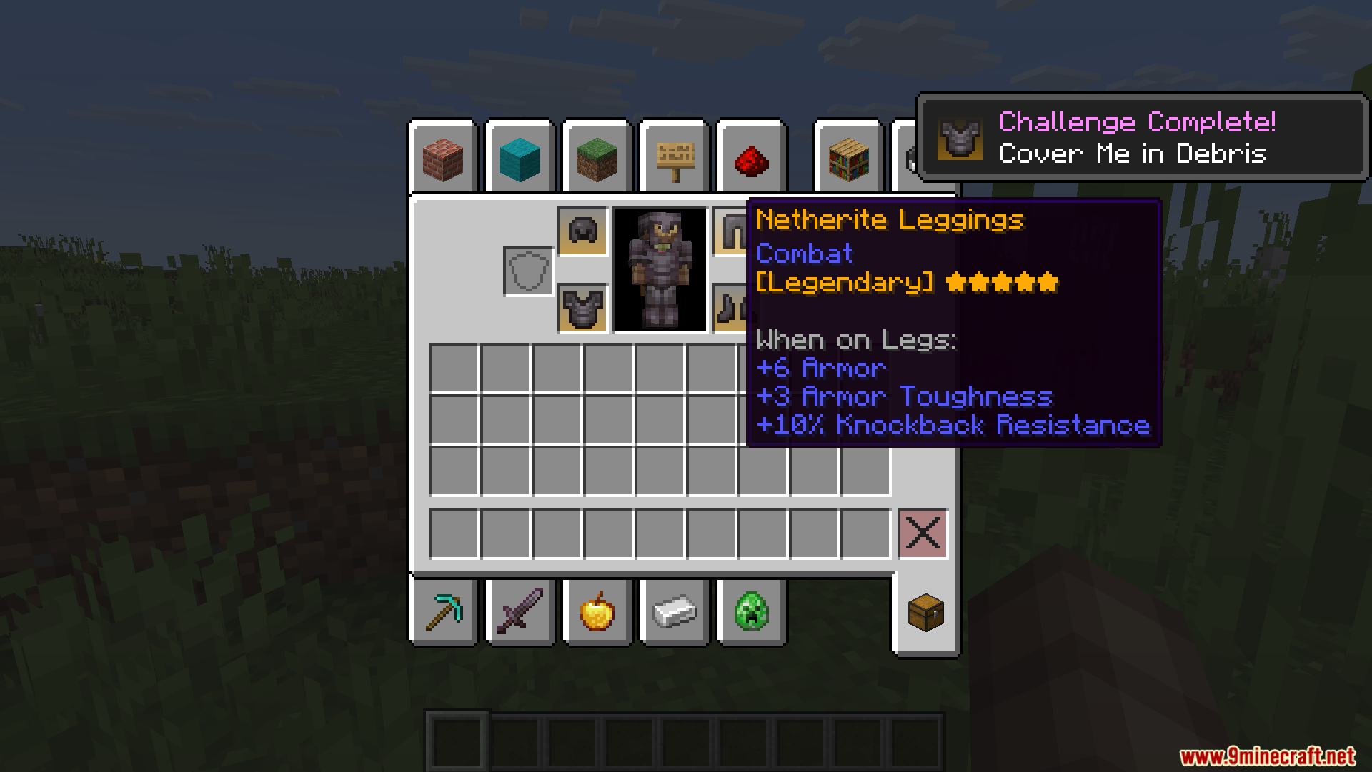 Checking legendary netherite leggings with a gold rarity tooltip in inventory
