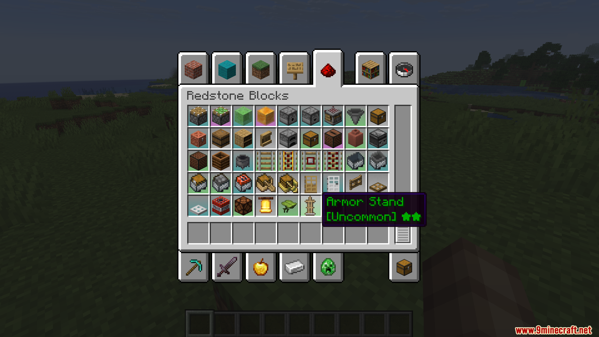 Viewing an armor stand with an uncommon rarity tooltip in the inventory
