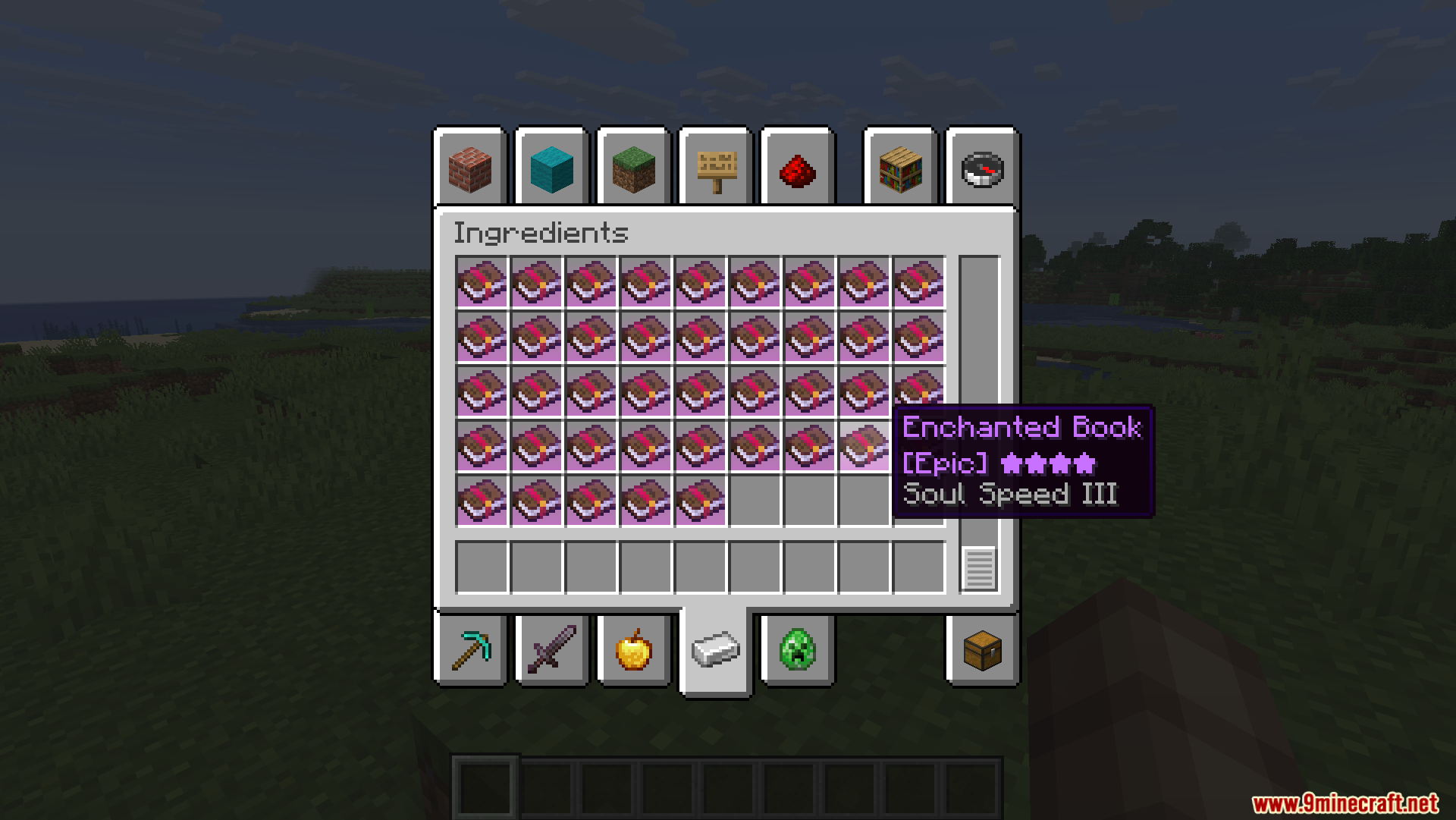 Inventory screen displaying an epic rarity enchanted book with soul speed enchantment