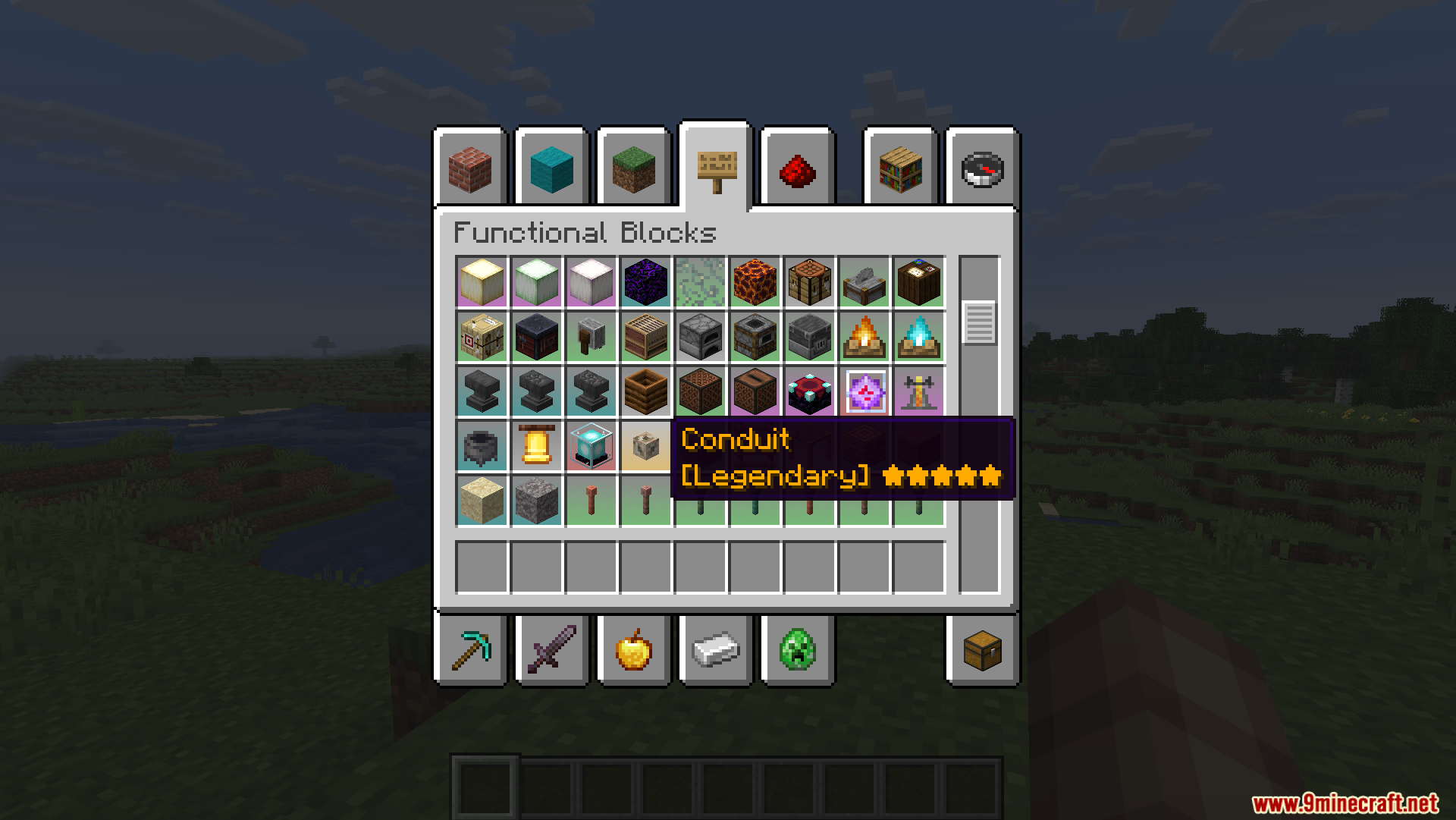 A player viewing the RarityCore mod's colored inventory backgrounds