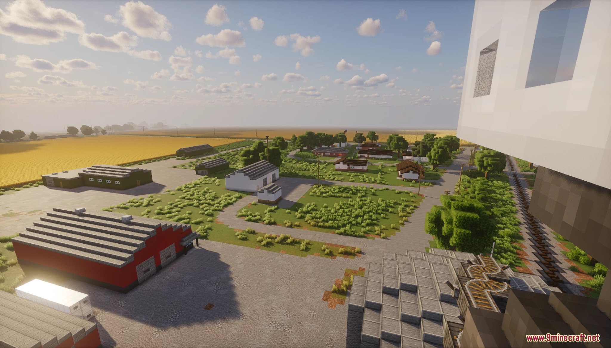 Overhead view of a small rural town with a railroad