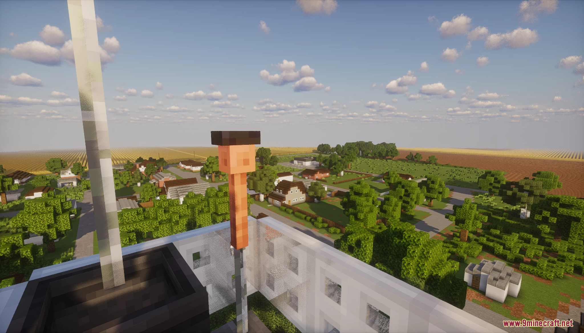 View of a rural town and farmlands from a high tower