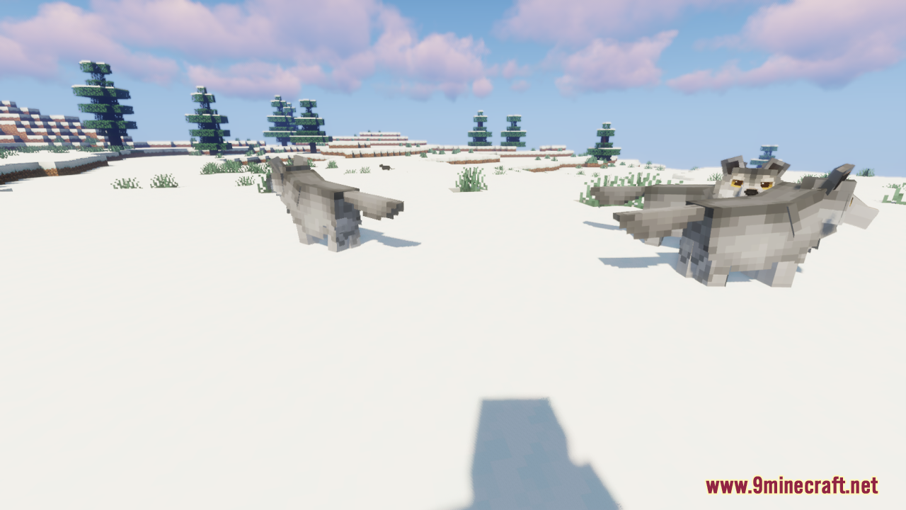 Two husky-like dogs in a snowy taiga biome