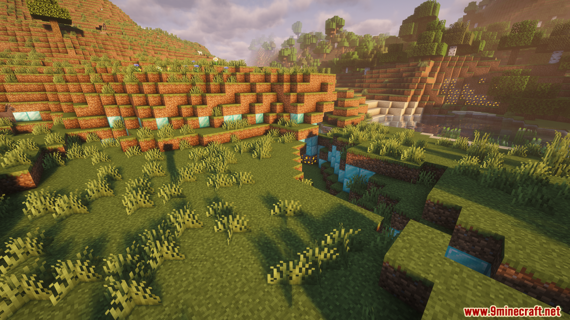 Waterfalls flowing over diamond blocks embedded in a green hill
